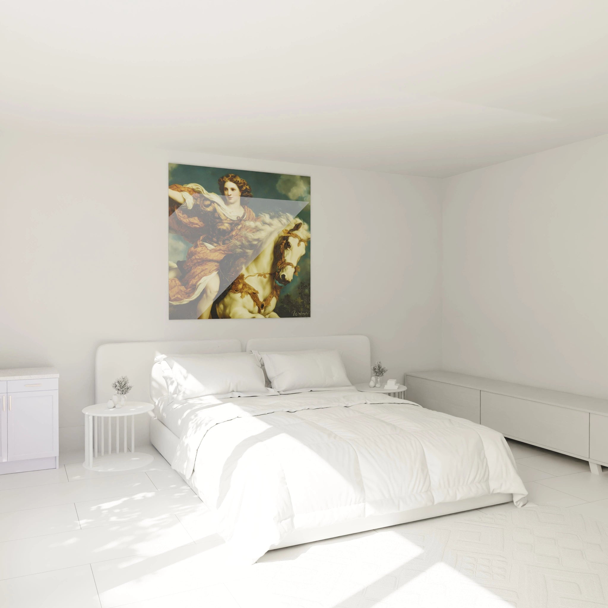 Walensky tableau mural tableau guerrière vertu héroïque peinture femme à cheval accroché au dessus d un lit blanc minimaliste