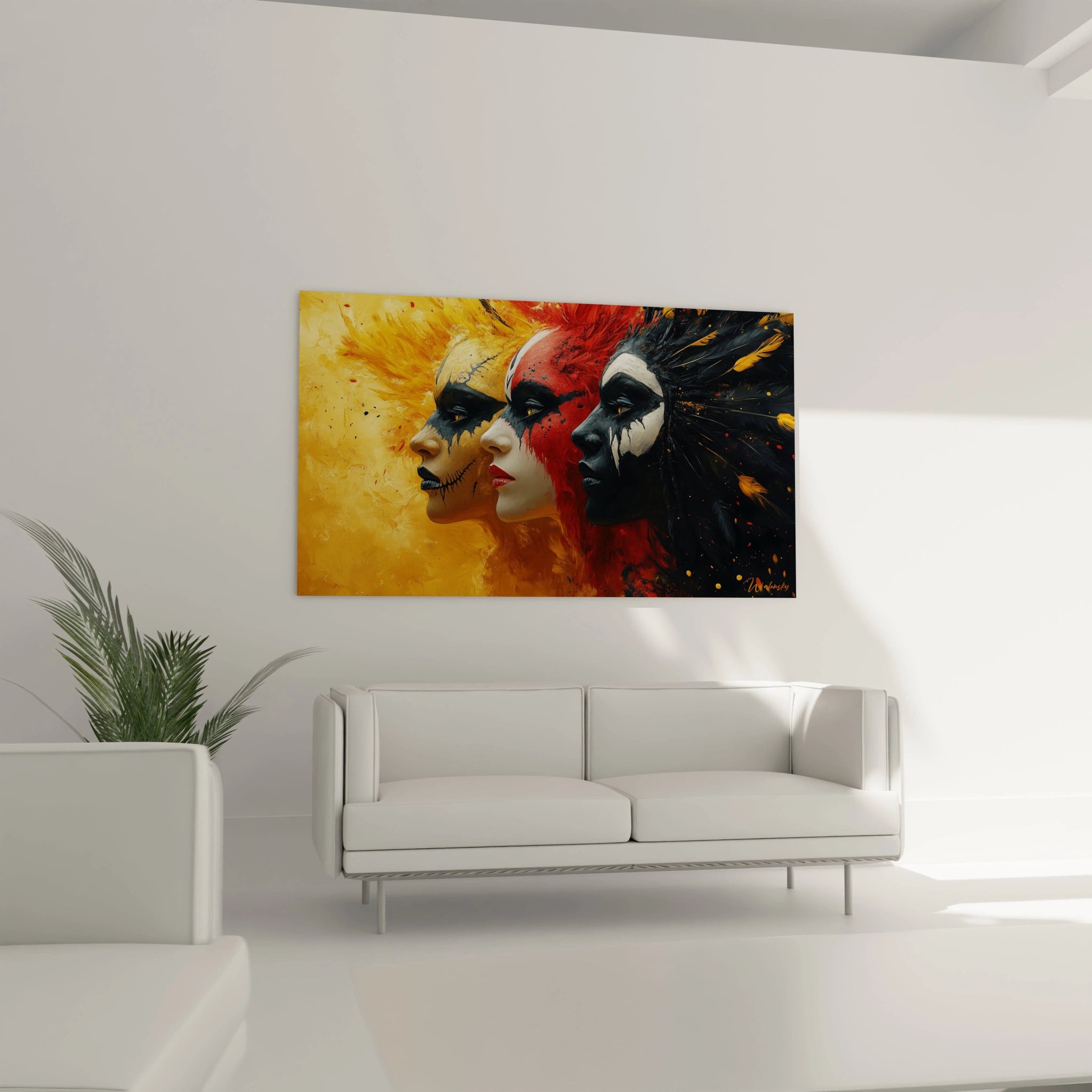 Tableau africain mural Walensky représentant trois profils de visages colorés en jaune, rouge et noir dans un salon moderne