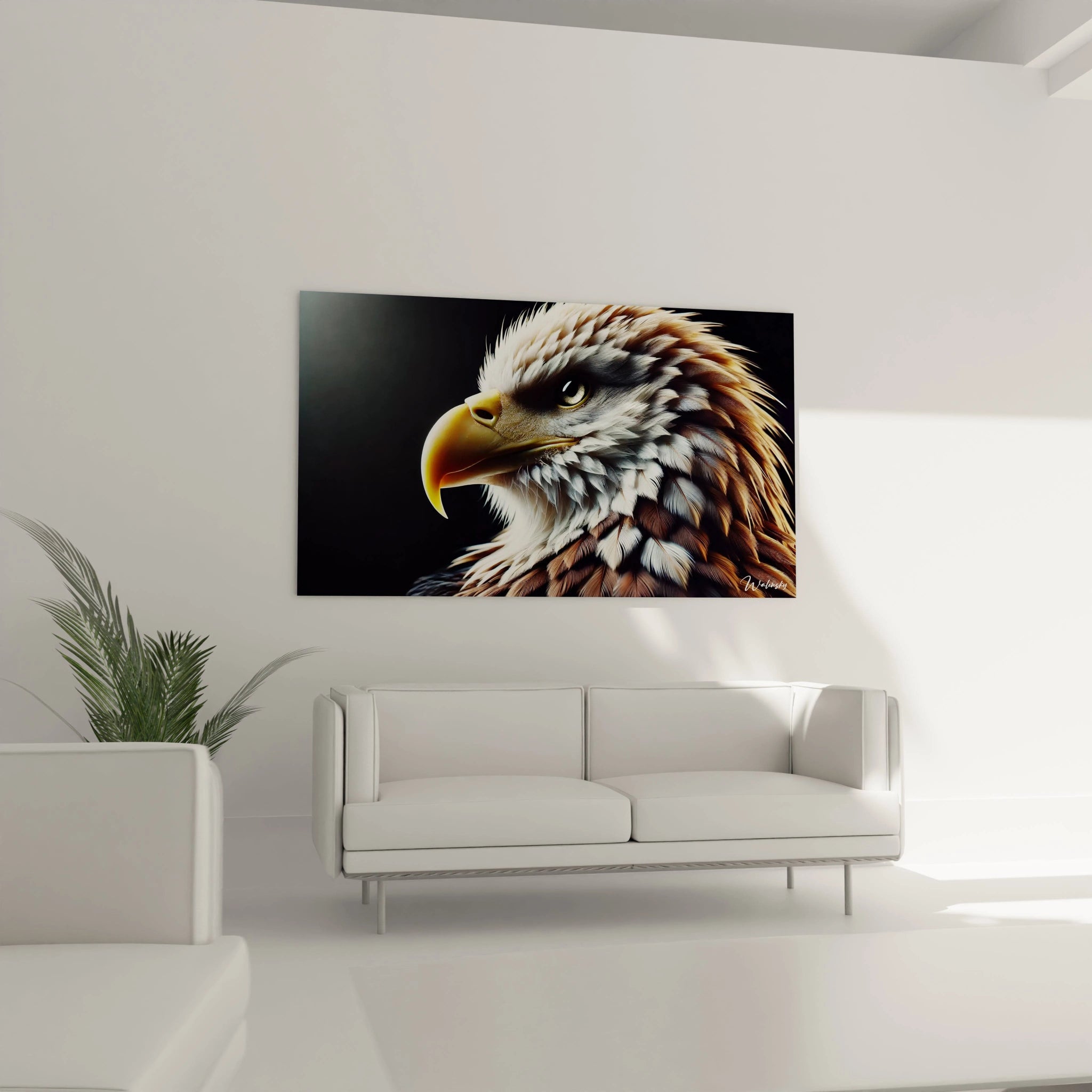 Le tableau aigle au-dessus du canapé dans ce salon crée une ambiance majestueuse. La précision des détails et les contrastes de couleurs captivent l’attention, ajoutant une dimension intemporelle à la pièce.