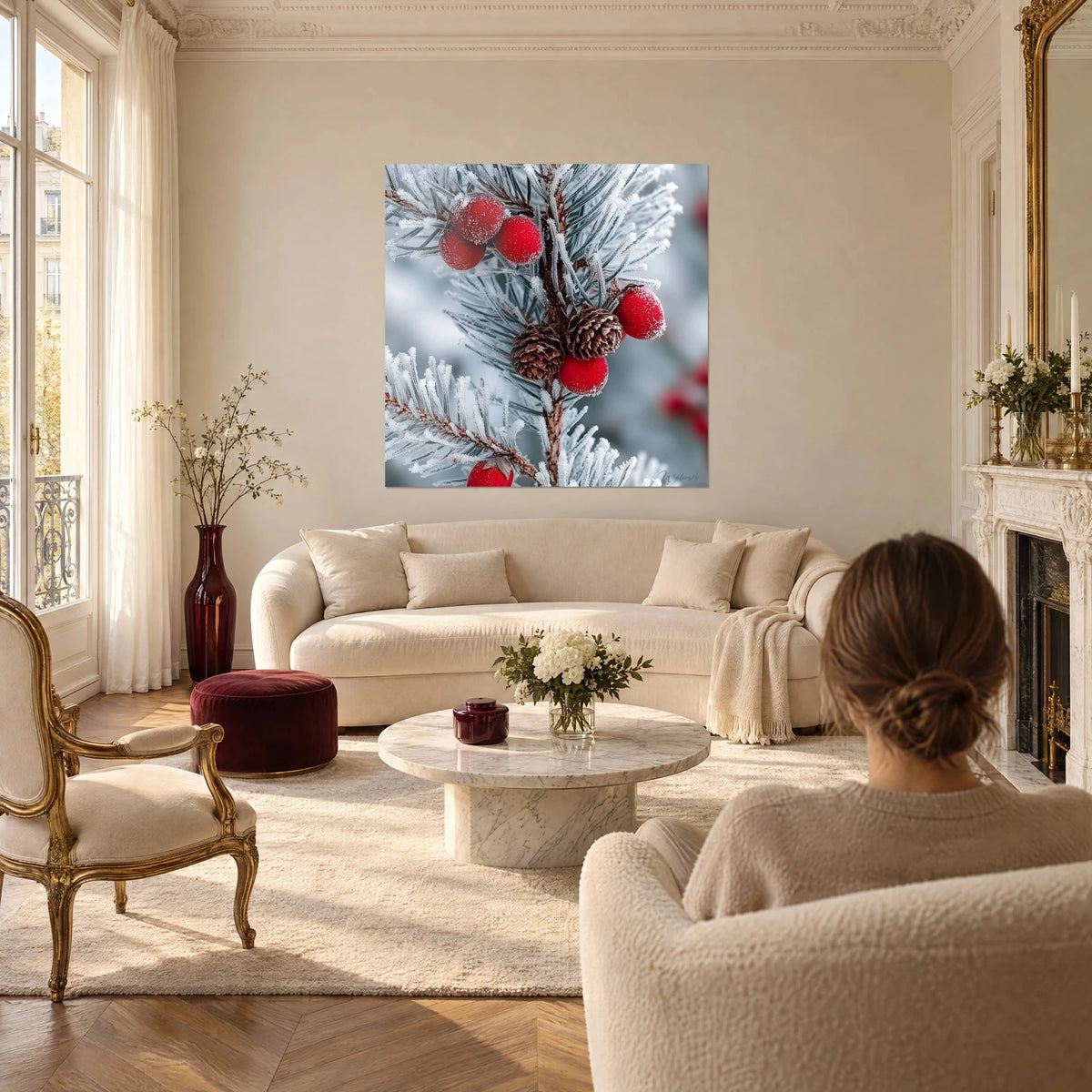 Cuadro rama de pino escarchada con bayas rojas y piñas marrones, vista de espaldas, sobre un sofá en un salón luminoso