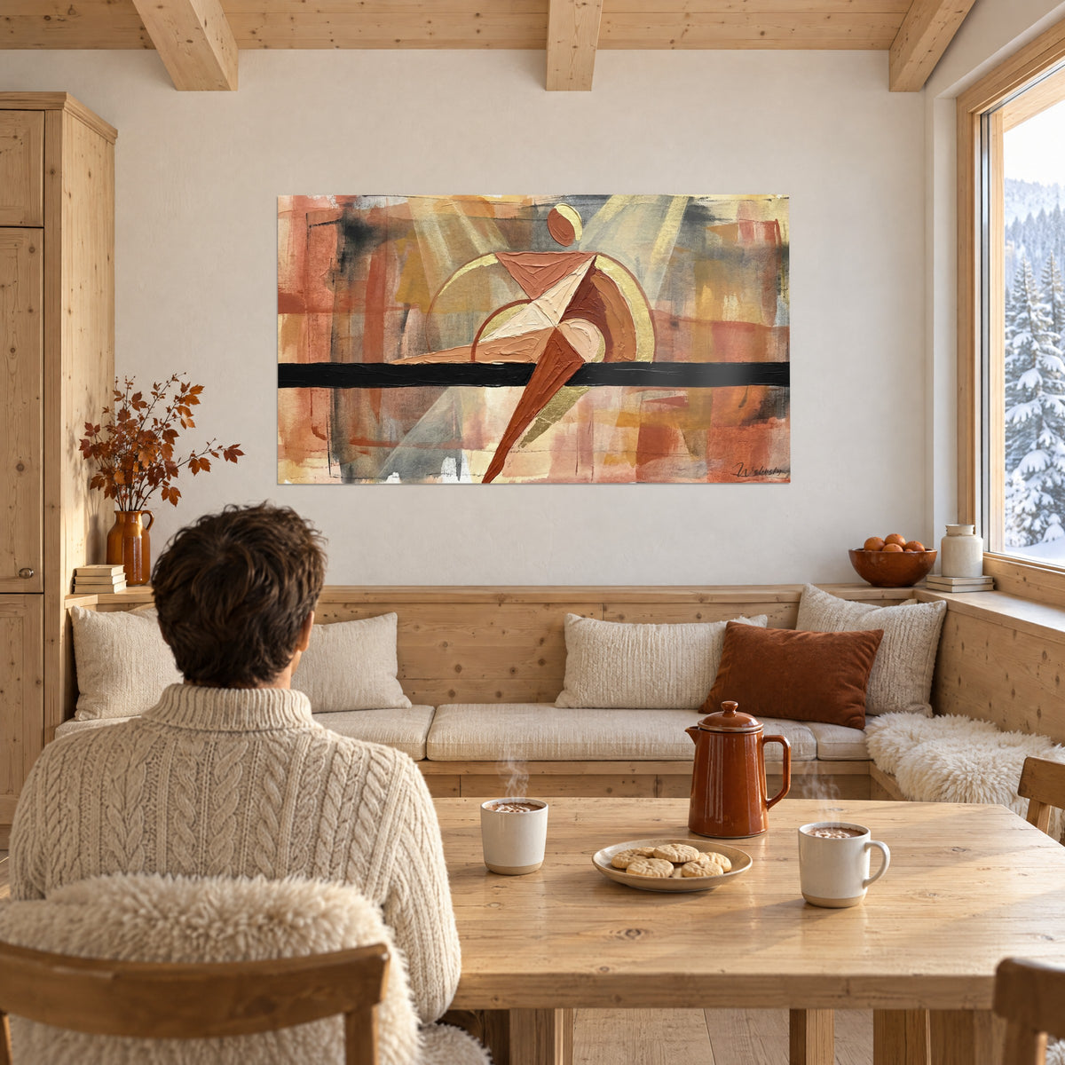 Tableau acrobate aux facettes cuivrées et crème, halo doré et traits gris, dans un chalet autour d'une table en bois