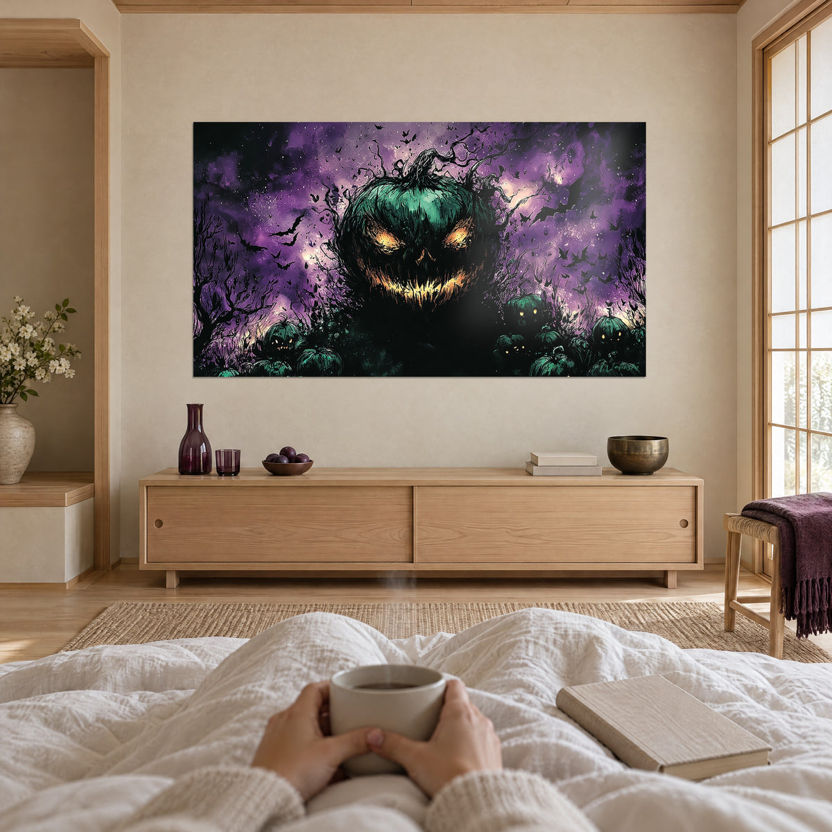 Schilderij reusachtige Halloween-lantaarn, goudgele ogen en een mauve hemel vol vleermuizen, boven een bed in een lichte slaapkamer