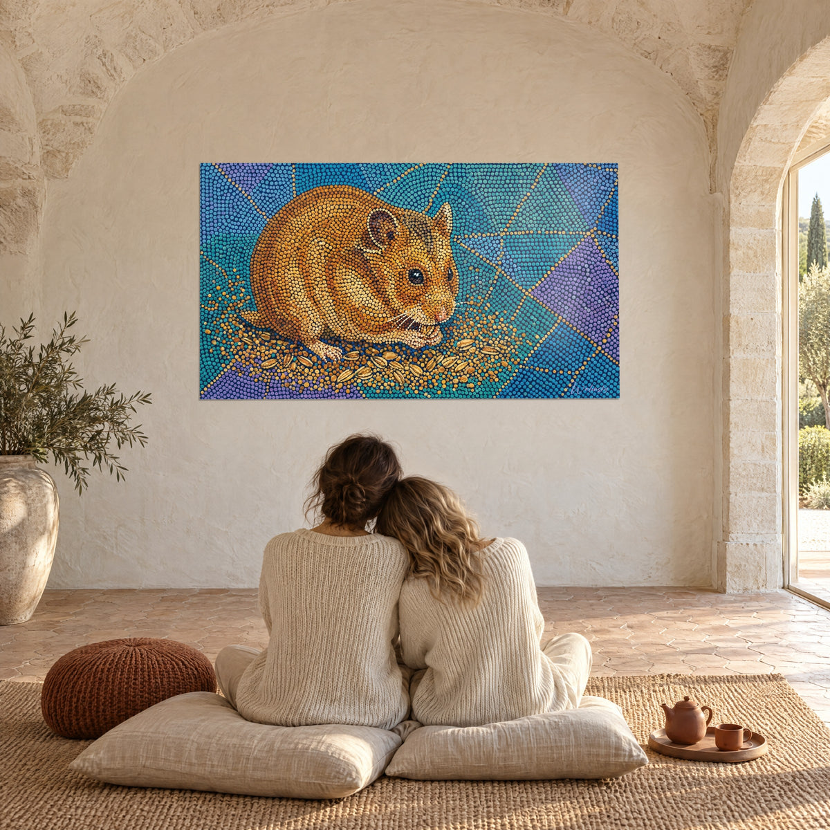Schilderij amberkleurige hamster in pointillisme op blauwe en paarse ruiten, stel zittend op kussens in een Provençaals landhuis