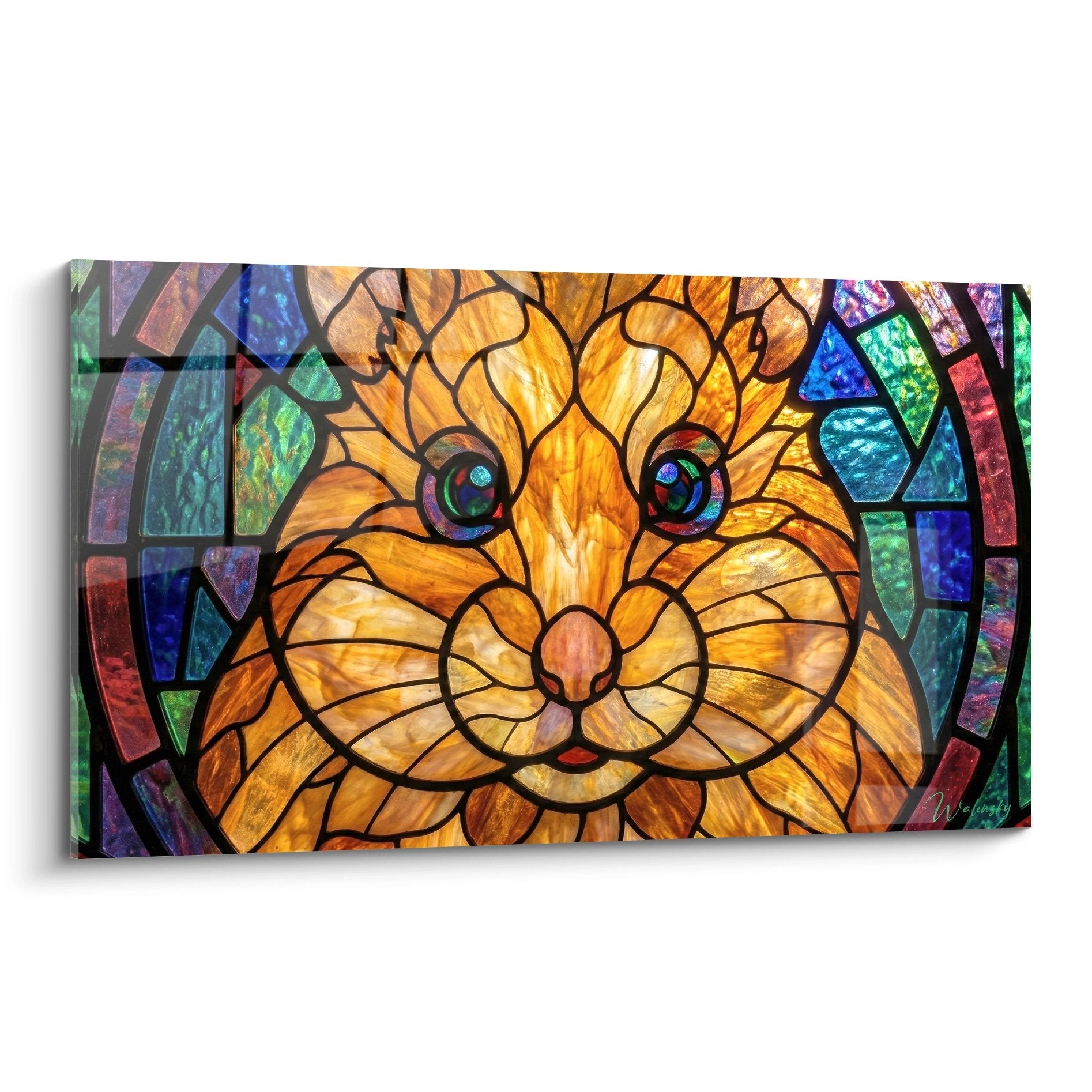 Hamster-Gemälde mit violetten Augen im bunten Buntglasstil mit Gold- und Blautönen auf dekorativem Leinwandstoff