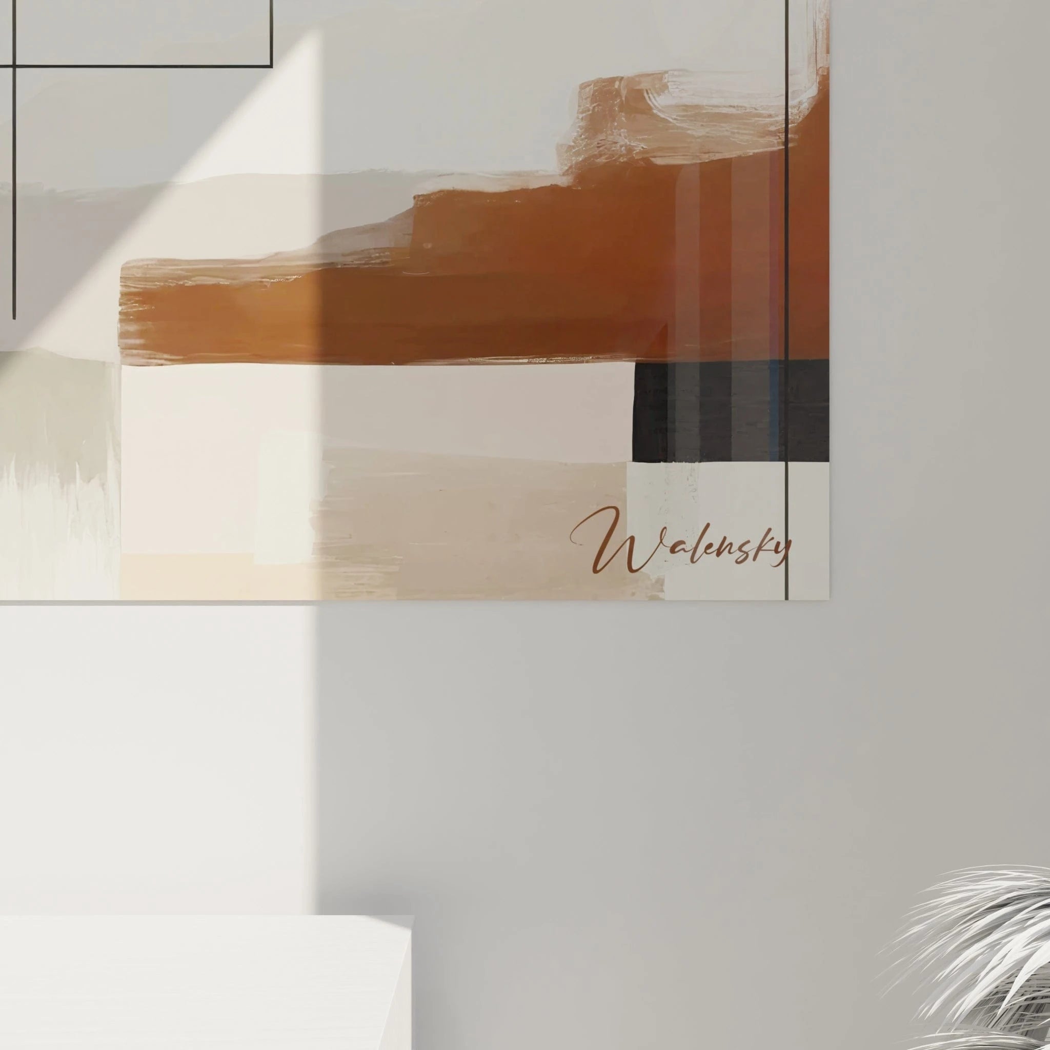 Un tableau abstrait de composition épurée segmentée par des lignes. Utilise une palette restreinte de blanc, bleu-gris clair, beige doré et noir. La texture présente des contrastes entre zones diluées aux contours flous et éléments graphiques précis, avec des éclaboussures de gouttes noires concentrées au centre et des lignes géométriques créant un découpage de l'espace.