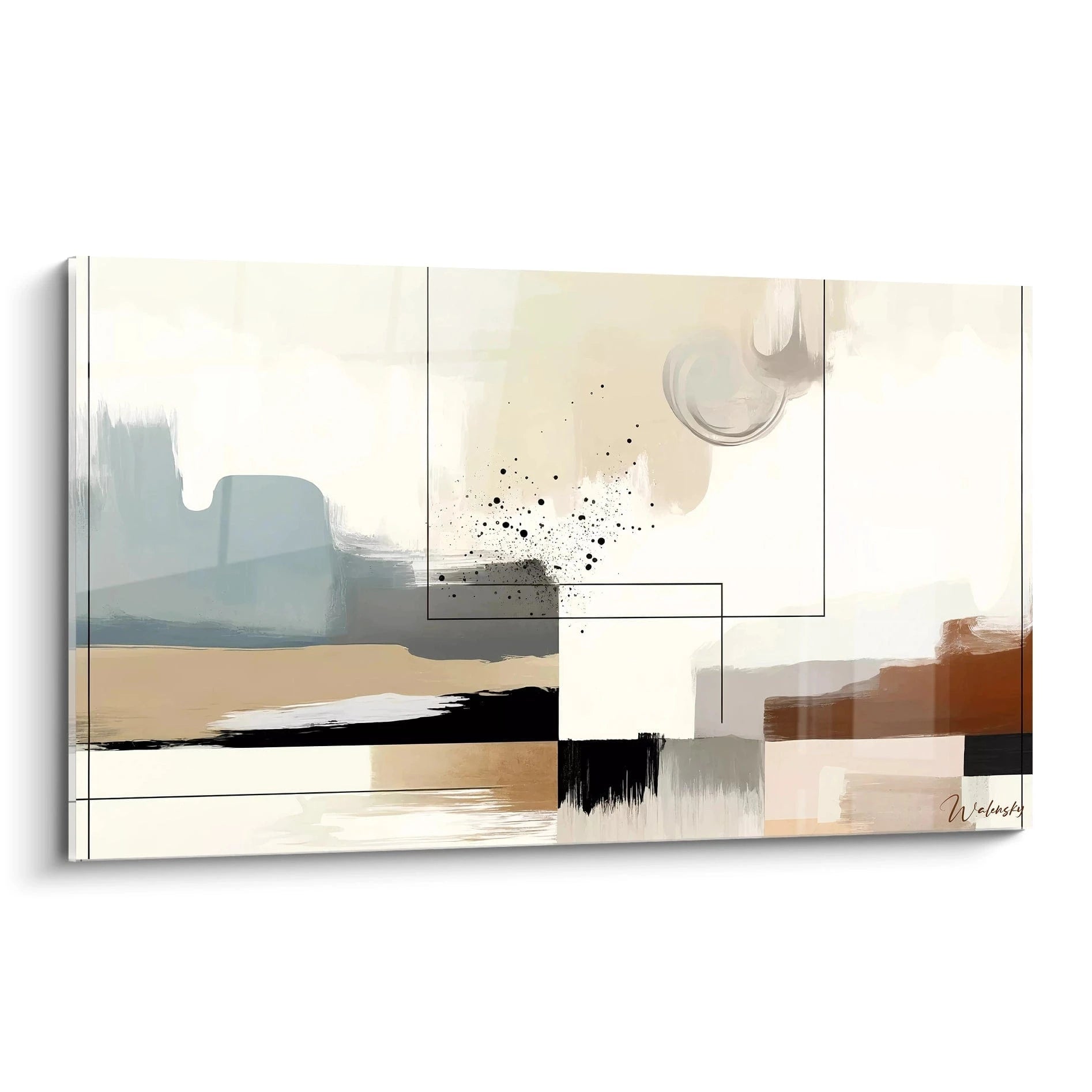 Un tableau abstrait minimaliste avec composition géométrique segmentée. Dominé par des teintes blanc ivoire, bleu-gris, beige sable et noir. La texture présente des zones de couleur diluée aux bords doux, des éclaboussures de points noirs, et des lignes géométriques fines qui divisent l'espace en sections rectangulaires.