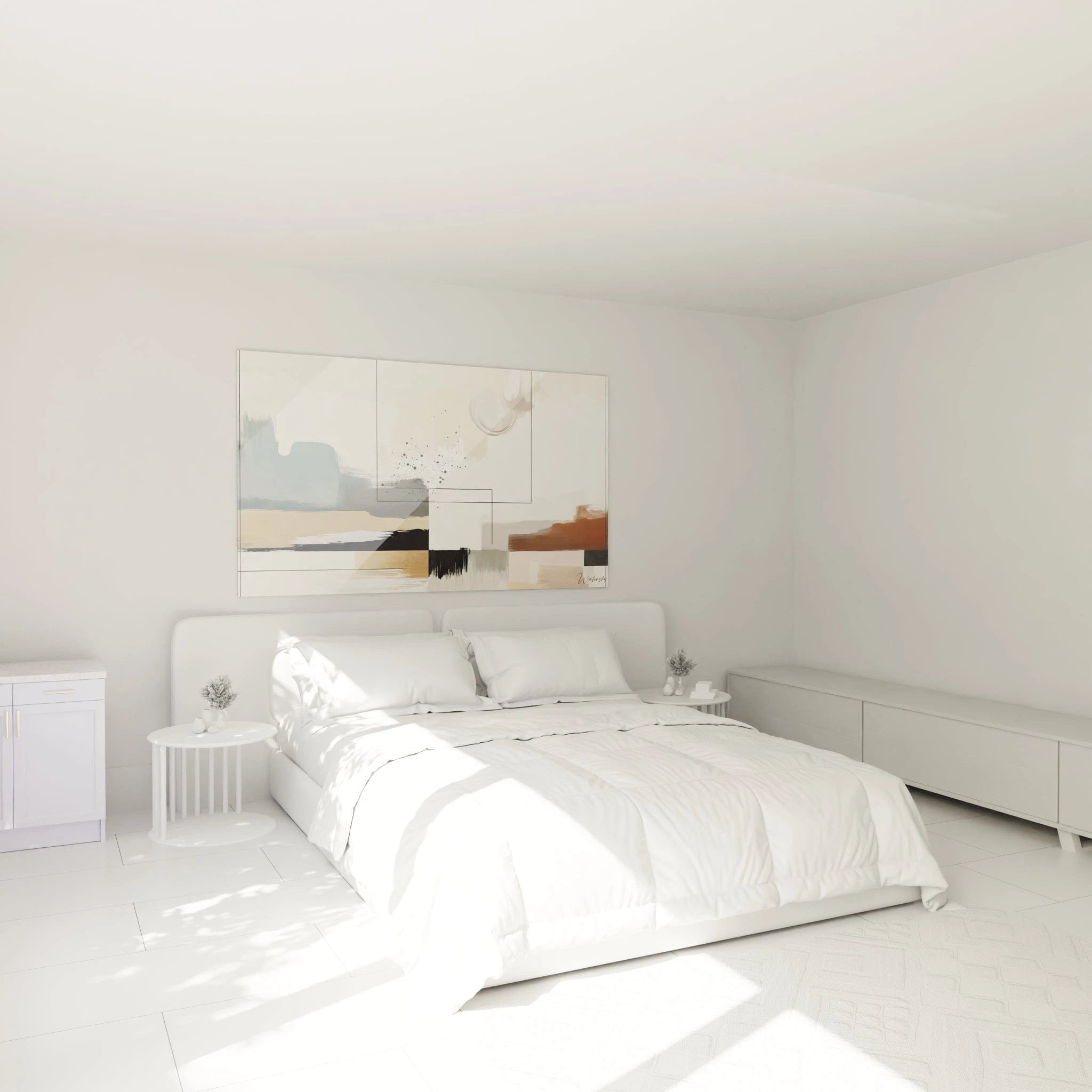 Un tableau abstrait de paysage déstructuré. La palette associe blanc crème, bleu pâle, ocre clair et noir. Les textures combinent aplats légers, formes nuageuses diffuses et traces de pinceaux visibles, avec une concentration d'éclaboussures noires au centre et des lignes fines formant une grille partielle.