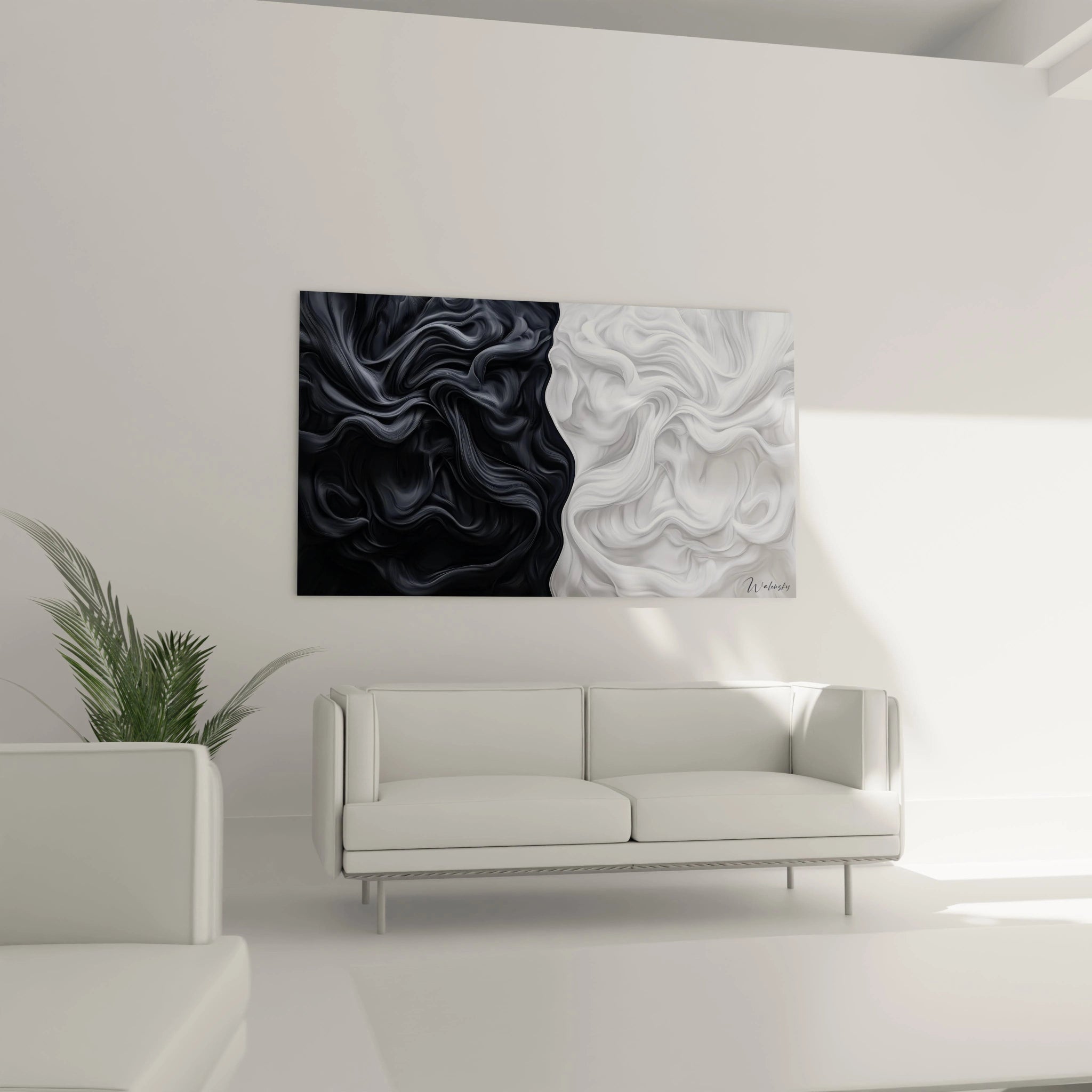 Une composition de tableau texturé abstrait avec des zones noires et blanches dominantes, mettant en valeur des courbes texturées et des transitions douces.