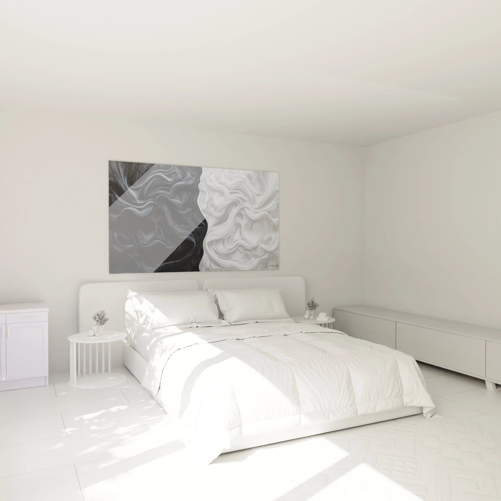 Un tableau texturé abstrait en noir et blanc, montrant des surfaces ondulées et des contrastes nets, créant un effet visuel de mouvement fluide.