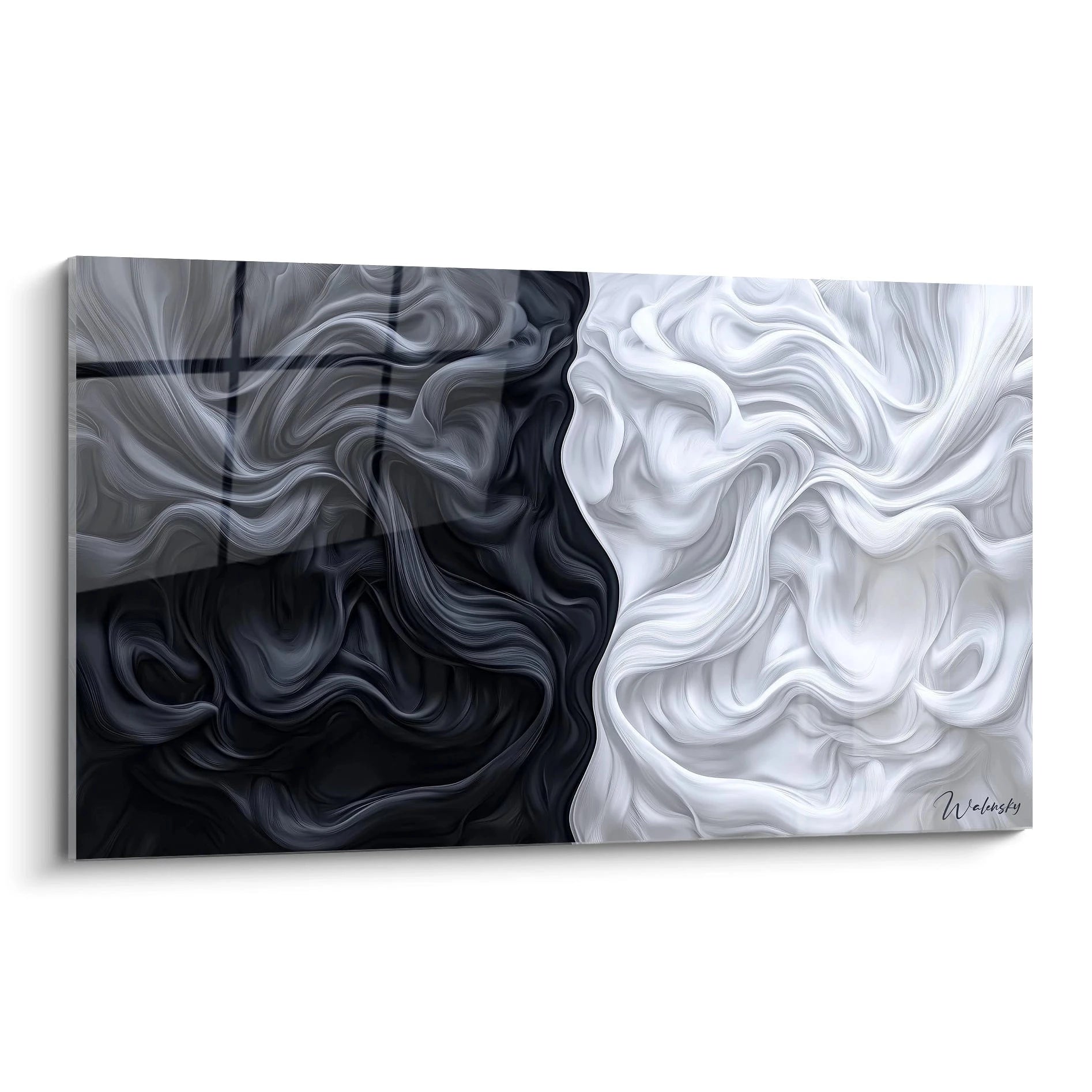 Un tableau texturé abstrait présentant un contraste marqué entre des formes fluides noires et blanches, avec des textures lisses et des lignes ondulées.