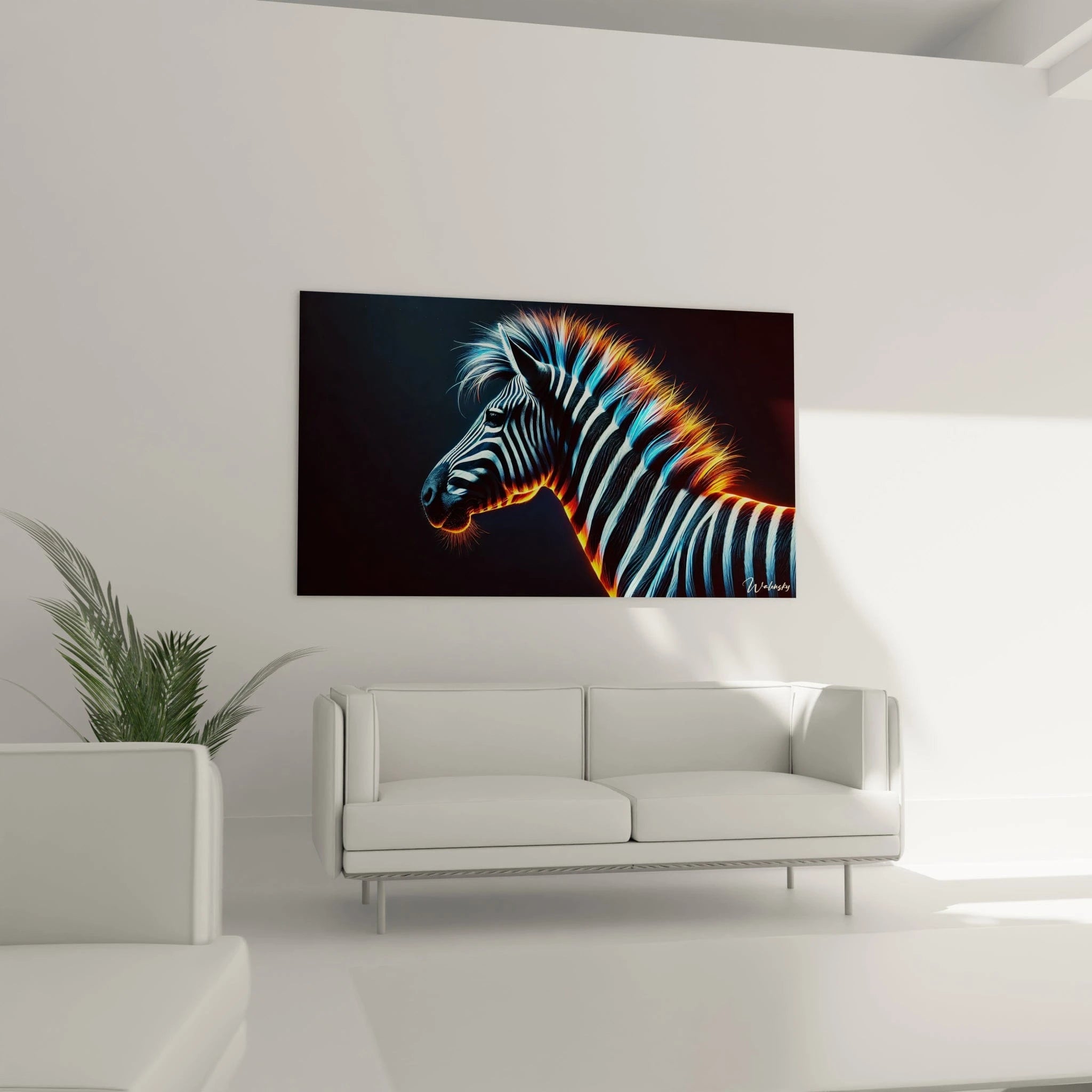 tableau zebre accroché au-dessus d’un canapé dans un salon design son réalisme captivant et ses couleurs éclatantes bleu et orange apportent une touche artistique à votre espace