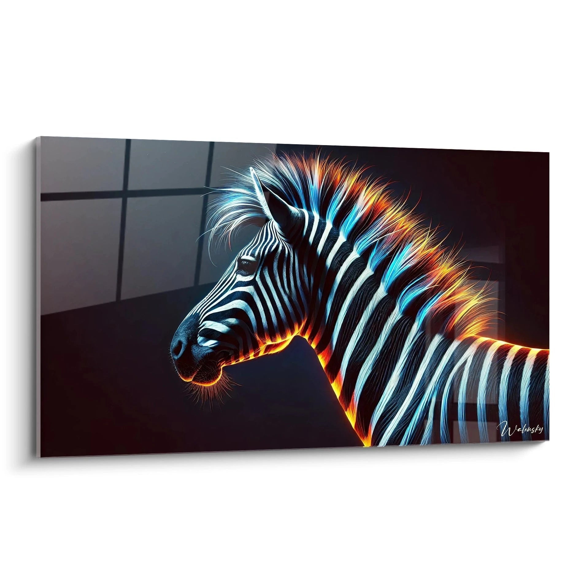 tableau zebre vu de biais avec des rayures noires et blanches animées par des nuances lumineuses de bleu et orange créant un effet hypnotique et contemporain sur un fond noir profond