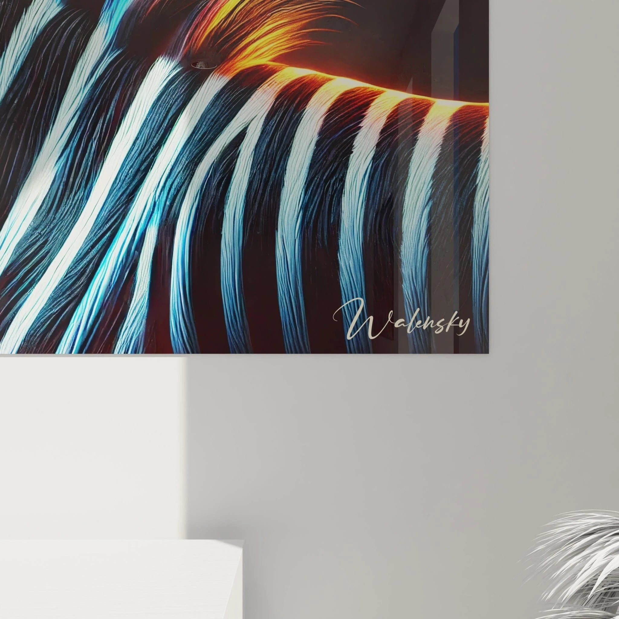 tableau zebre en gros plan mettant en valeur les détails des rayures et de la crinière illuminée des contrastes saisissants de lumière et couleur dynamisent l’œuvre