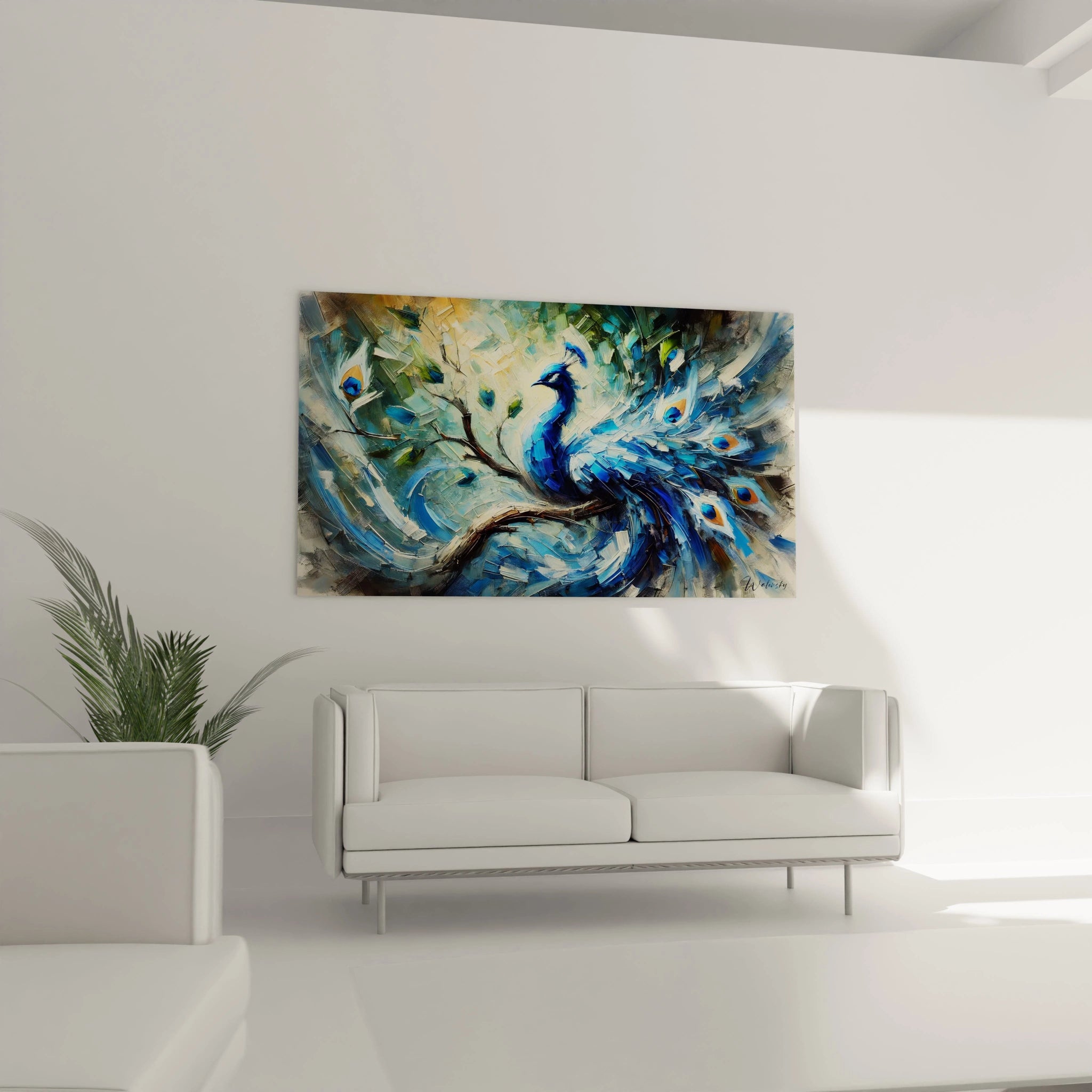 Sublimez votre salon avec ce tableau paon accroché au mur, juste au-dessus du canapé. Son bleu vibrant et ses détails abstraits ajoutent une touche de modernité et d'élégance à votre décoration.