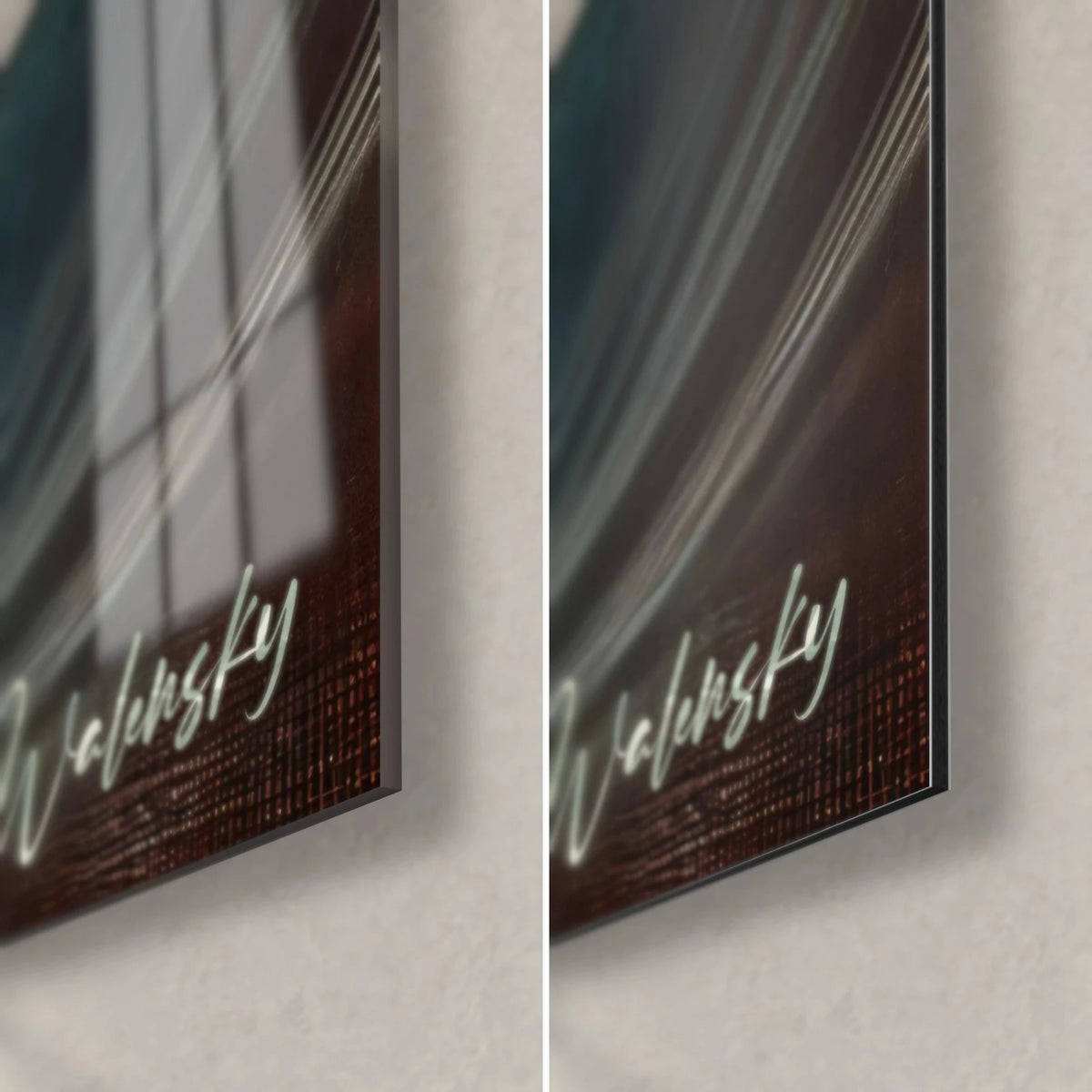 Schilderij boomsilhouet in ivoor, rechtsonder gesigneerd Walensky, glanzend glas links, mat bruin Dibond rechts, dikte 3 mm