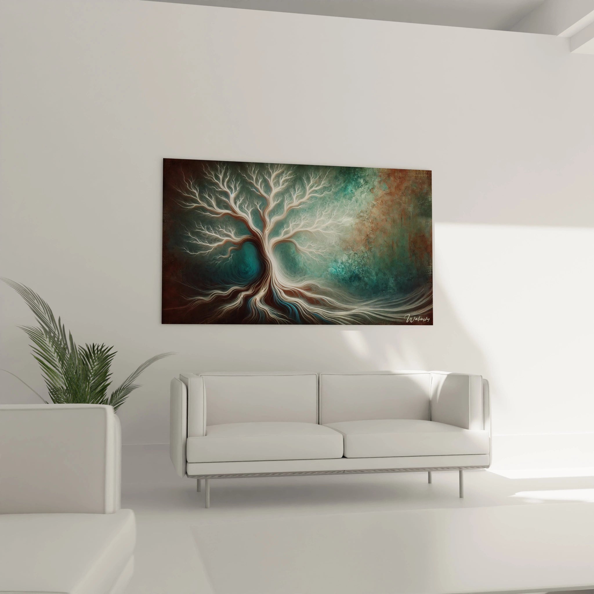 Transformez votre salon avec ce tableau Arbre de Vie au-dessus du canapé, ajoutant une touche de nature et d’élégance.
