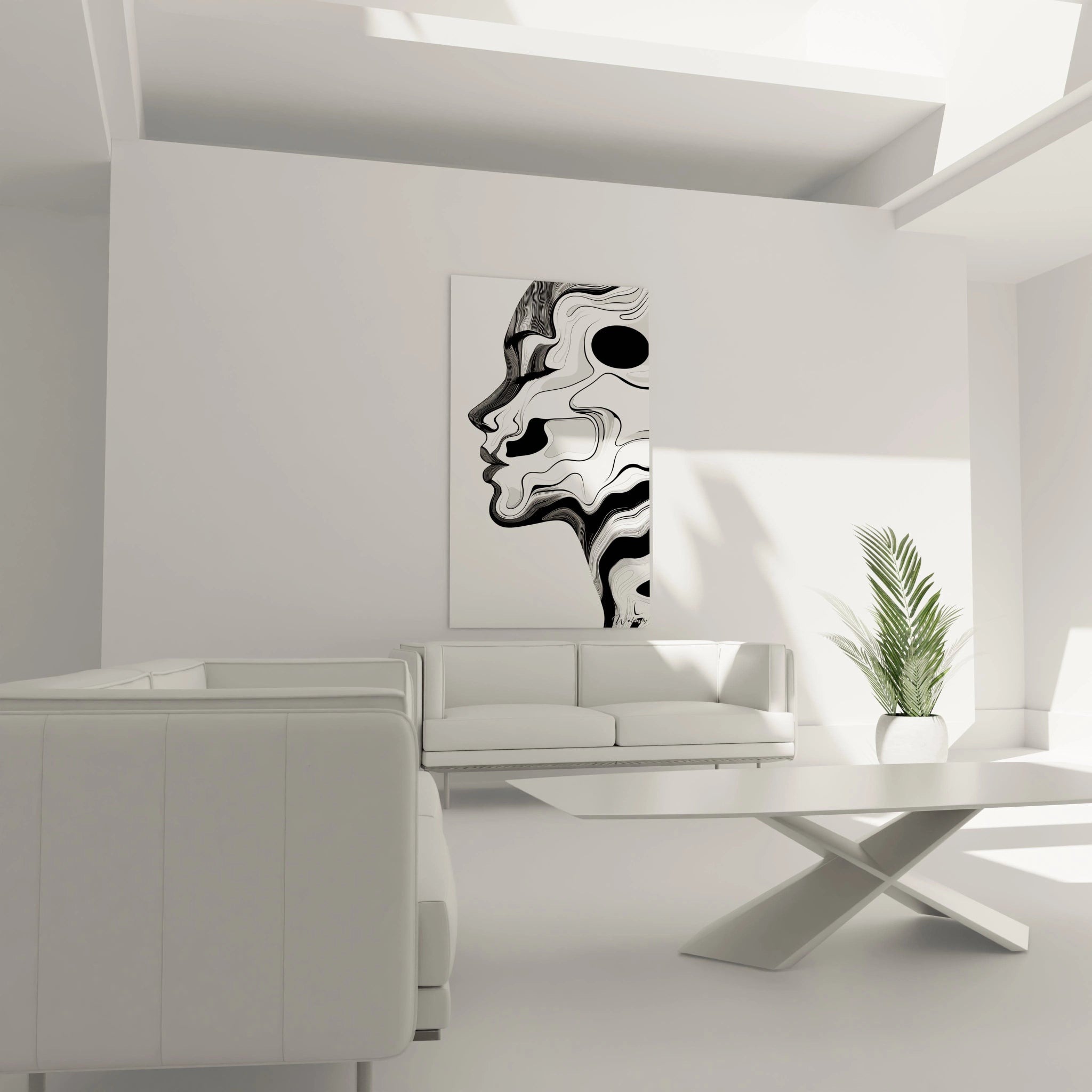 Un tableau graphique montrant un visage de profil émergeant d'un jeu de lignes noir et blanc ondulantes. Les contrastes forts entre les zones denses et aérées des rayures créent une silhouette reconnaissable tout en maintenant une abstraction géométrique fluide.