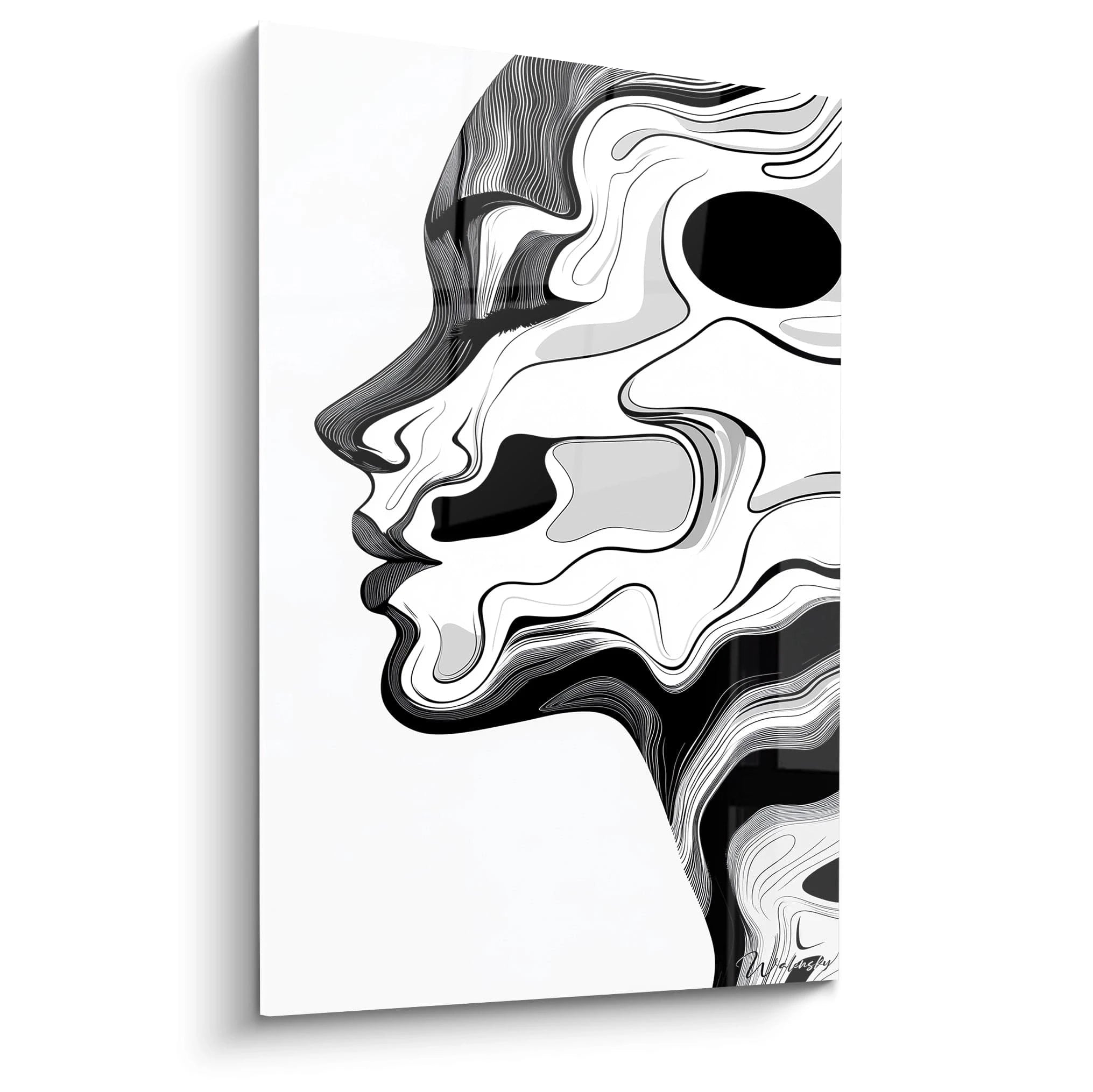 Un tableau abstrait représentant un profil de visage humain composé de lignes ondulantes parallèles noires sur fond blanc. Les variations d'épaisseur et de densité des rayures créent le volume et la forme du visage avec un effet optique saisissant.