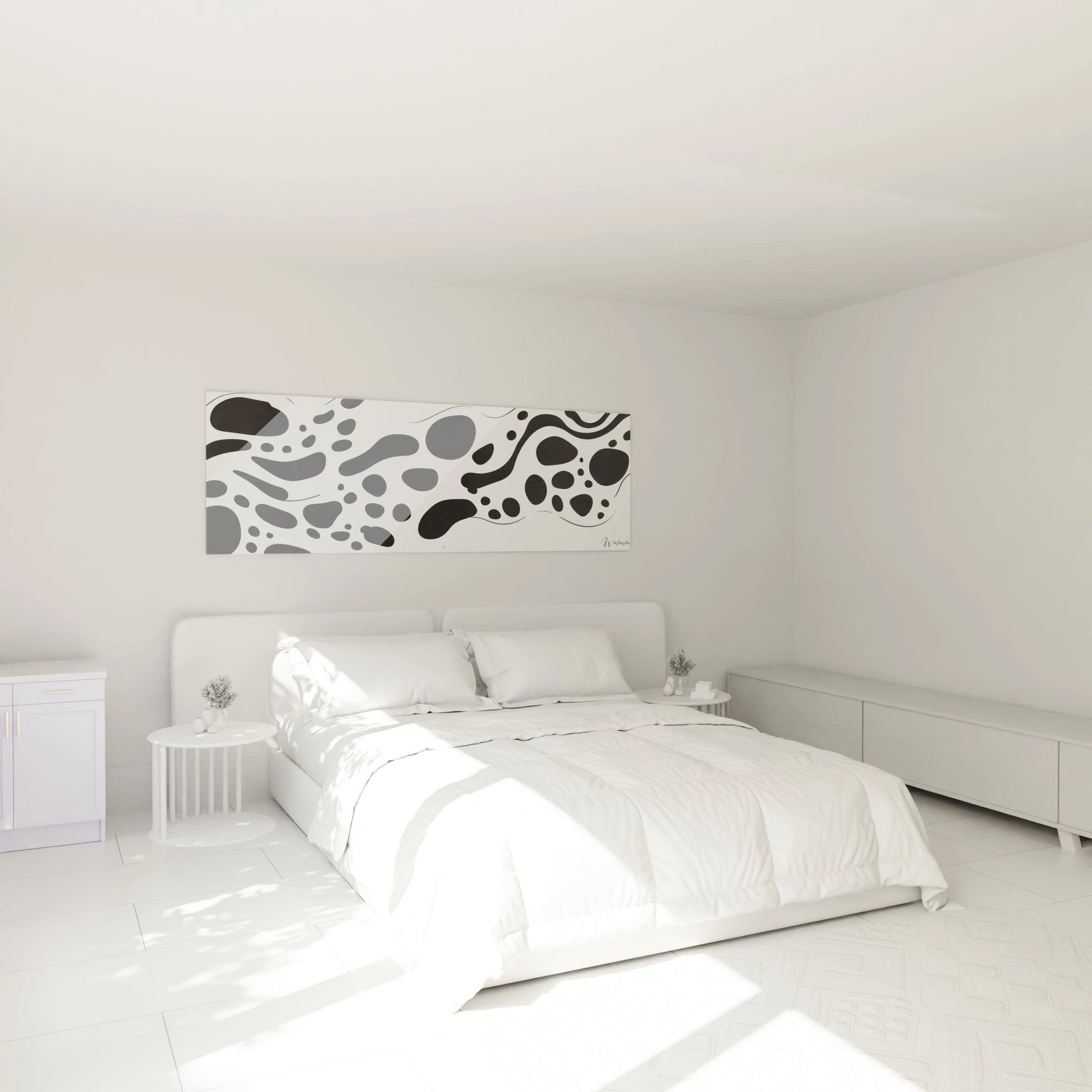 Tableau tacheté noir et blanc de Walensky accroché au mur d'une chambre moderne et lumineuse