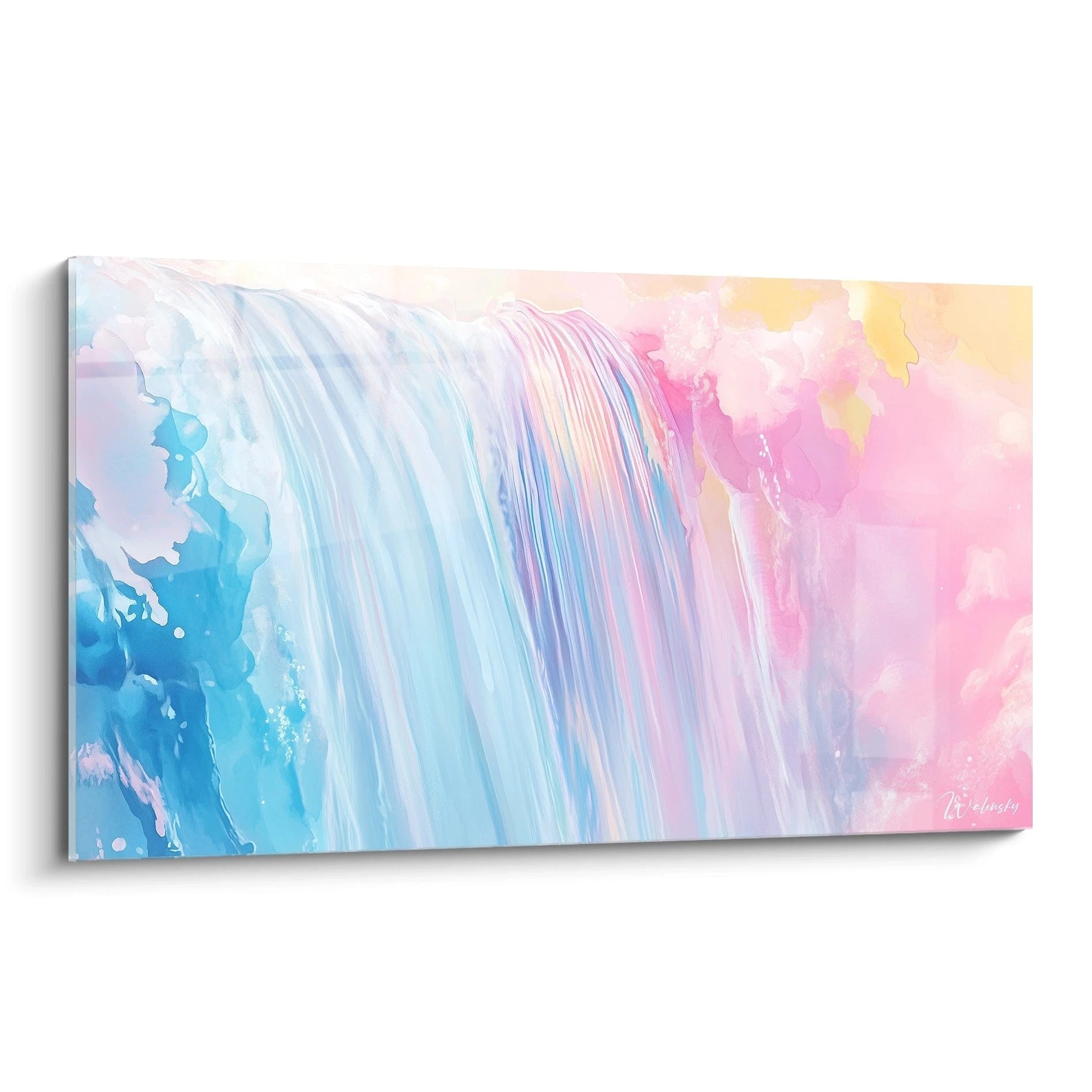 Un tableau cascade représentant un écoulement fluide de couleurs bleues et roses, avec des lignes verticales blanches évoquant le mouvement de l'eau, sur un fond aux tons pastels fondus et textures aquarelles.