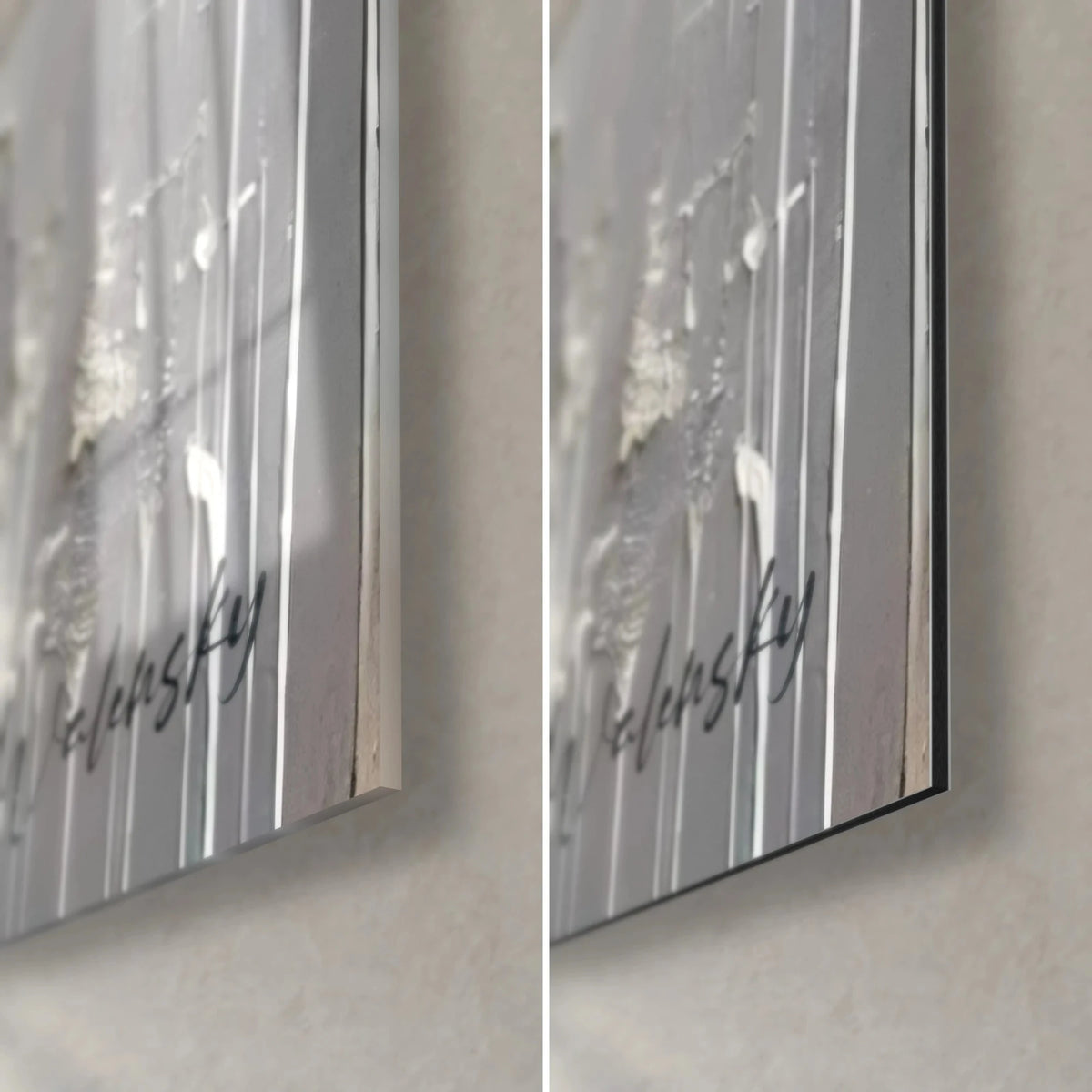 Tableau zébure en coups de couteau, coin bas droit : verre acrylique brillant à gauche, Dibond mat gris à droite, tranche de 3 mm