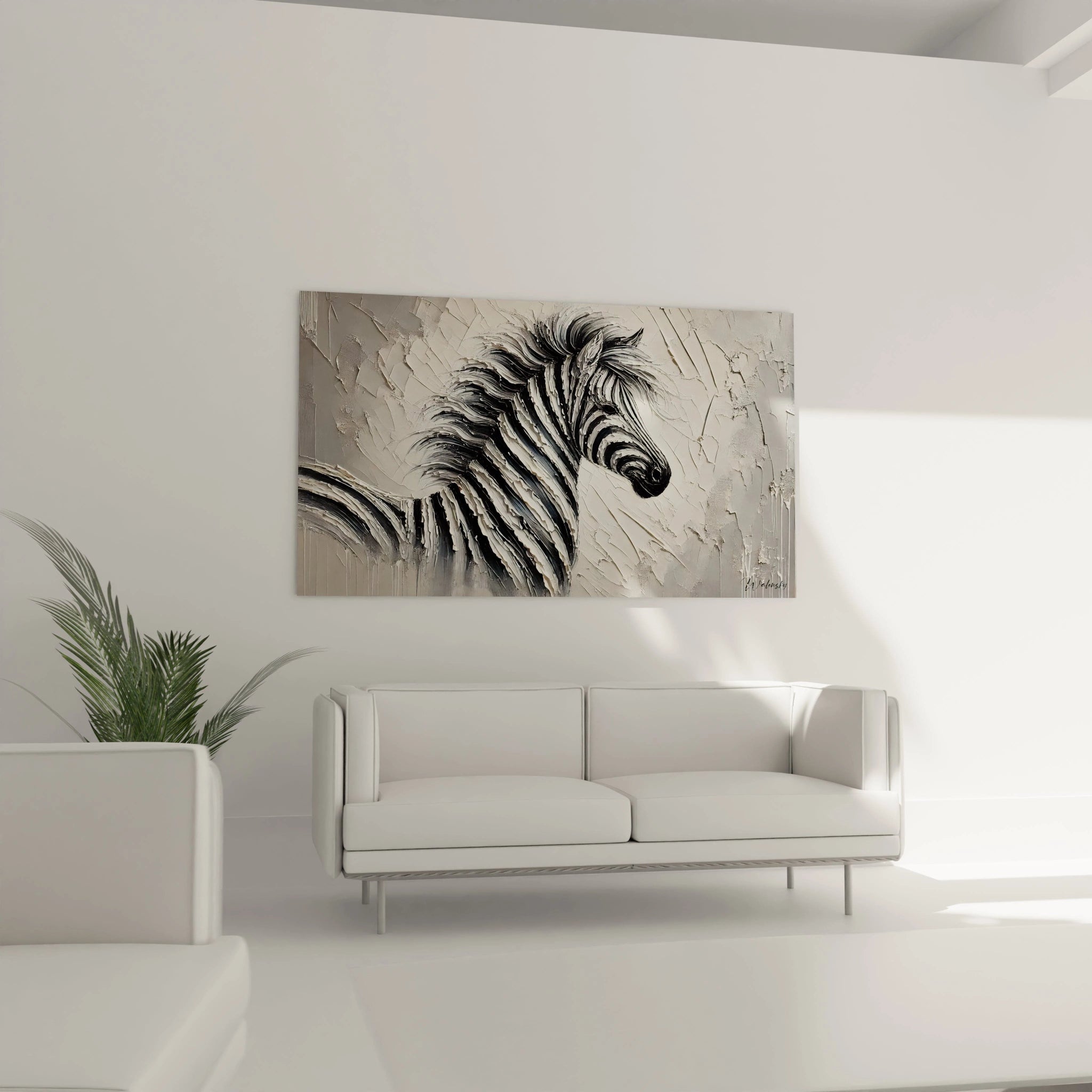 Ce tableau zebre au-dessus du canapé illumine le salon avec son design en noir et blanc. L'effet en relief capte le regard, apportant une touche moderne et abstraite à tout espace de vie contemporain.