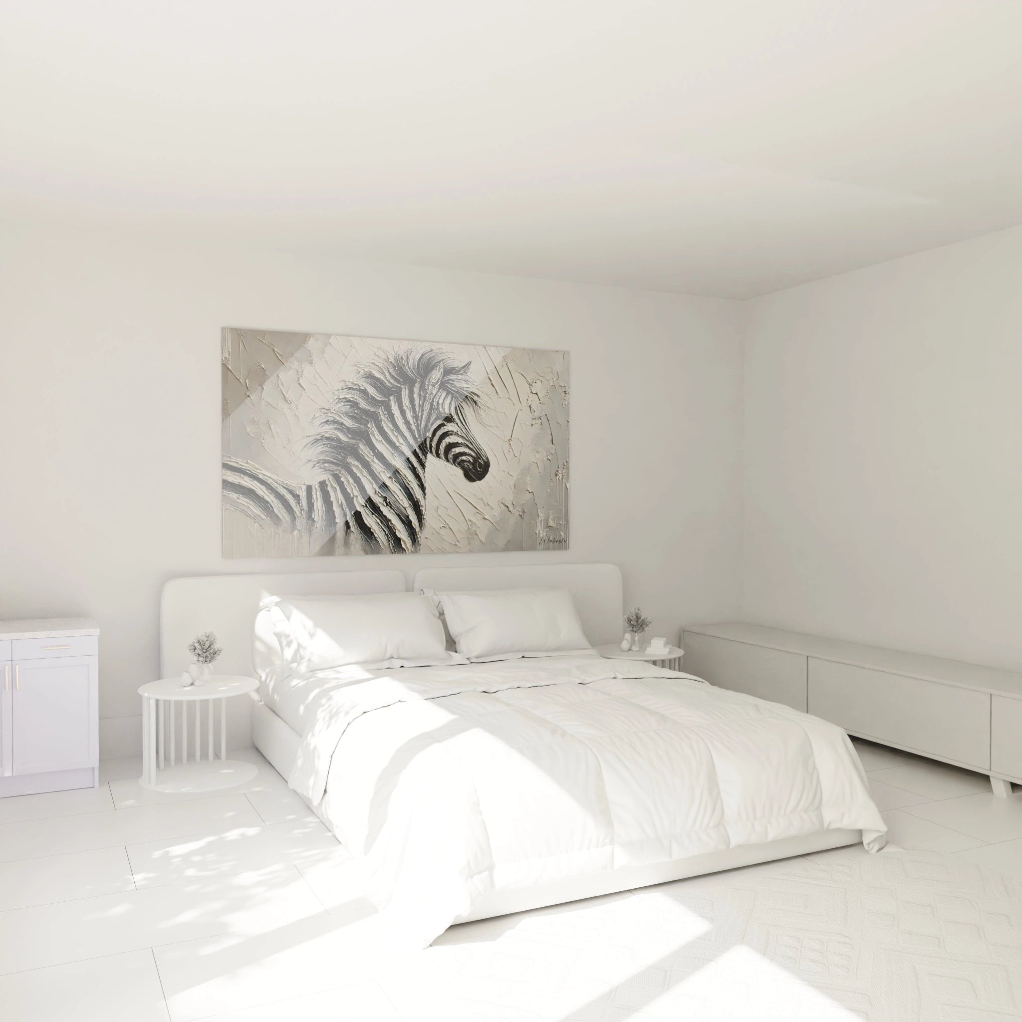 Accroché au-dessus du lit, ce tableau zebre ajoute une dimension artistique unique à la chambre. Le jeu de contrastes en noir et blanc, associé à la texture en relief, crée une ambiance élégante et minimaliste.