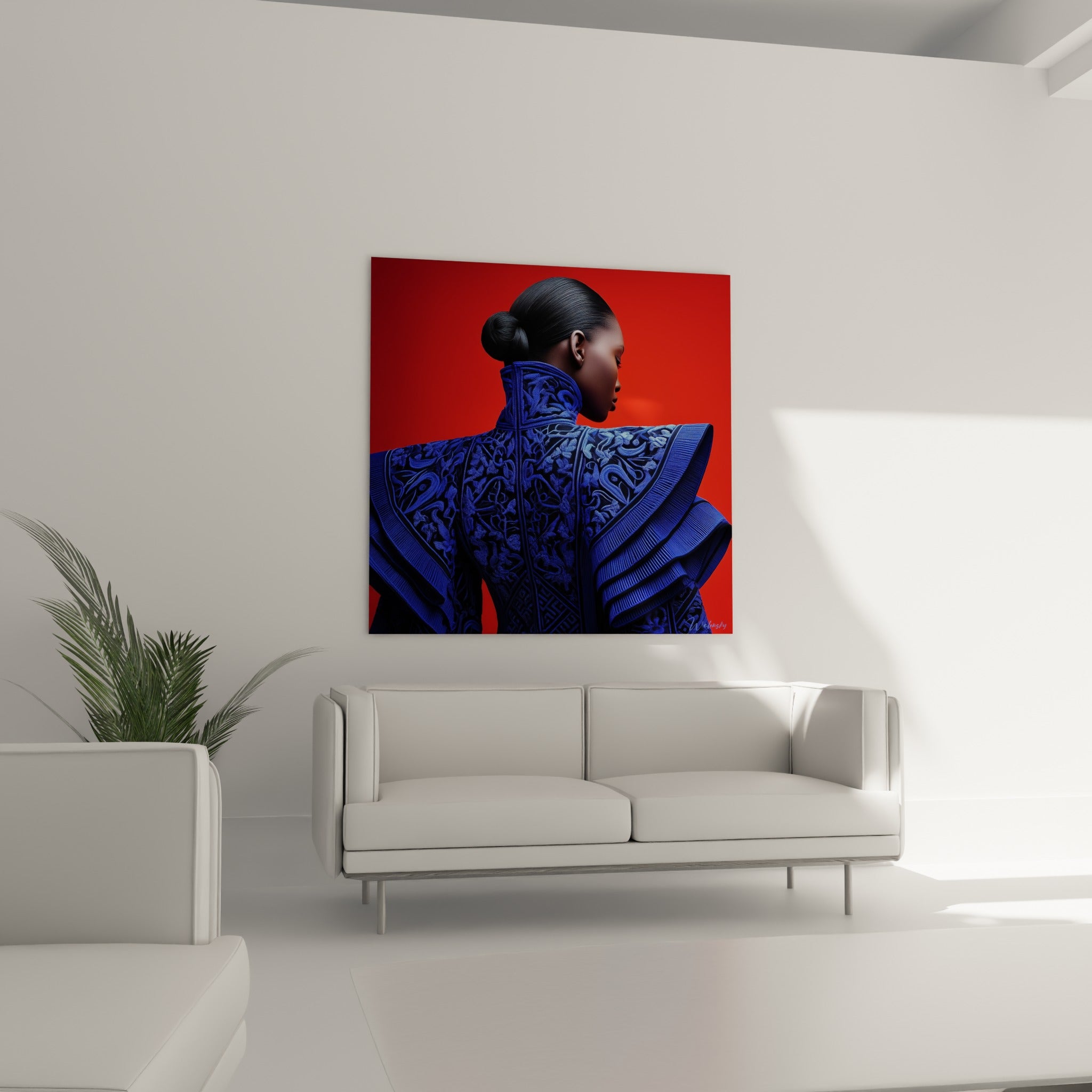 Broderies florales bleu indigo sur fond rouge éclatant, tableau placé au-dessus d'un canapé dans un salon lumineux