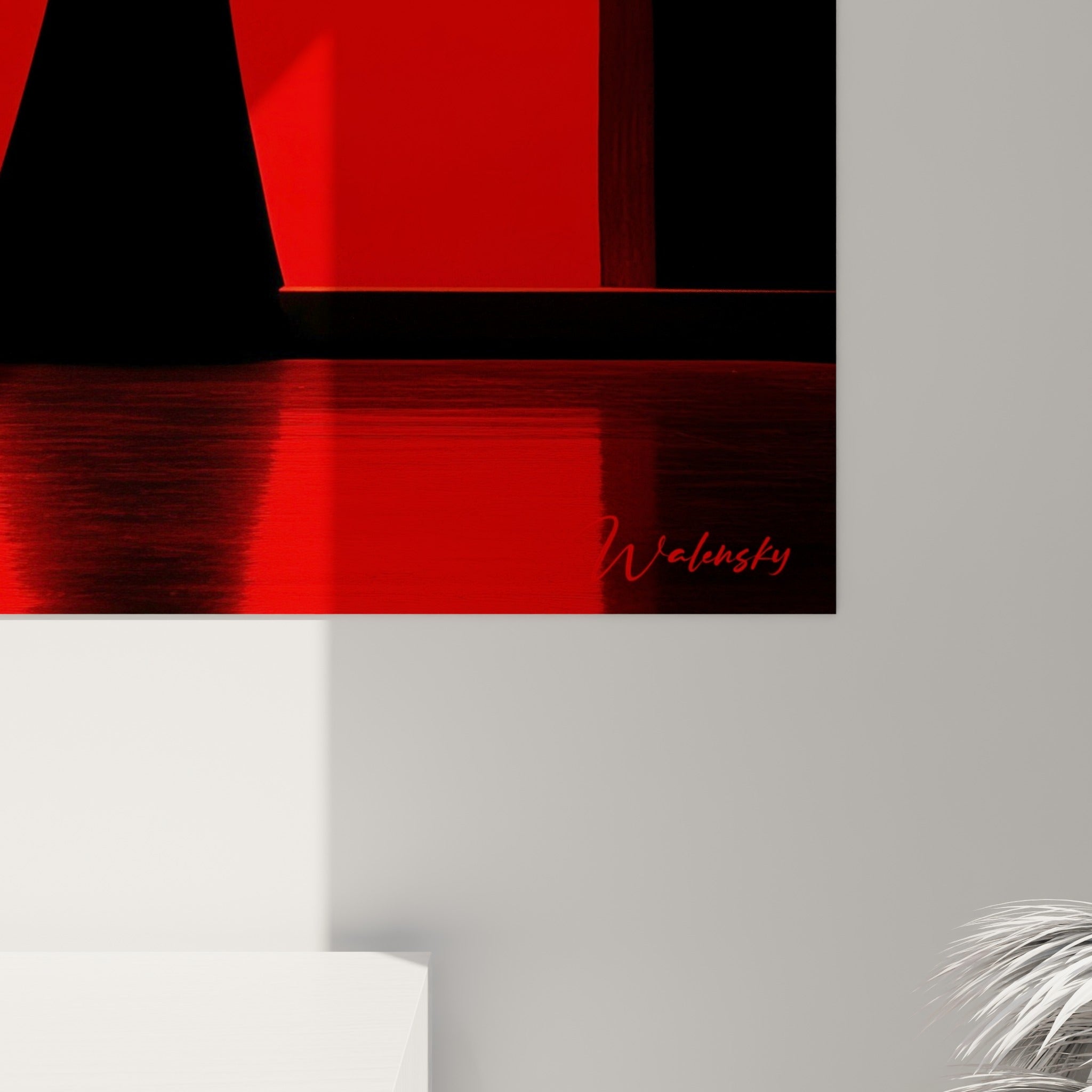 Détail des lignes noires et rouges de l'arche, matière lisse révélant les contrastes profonds de l'impression