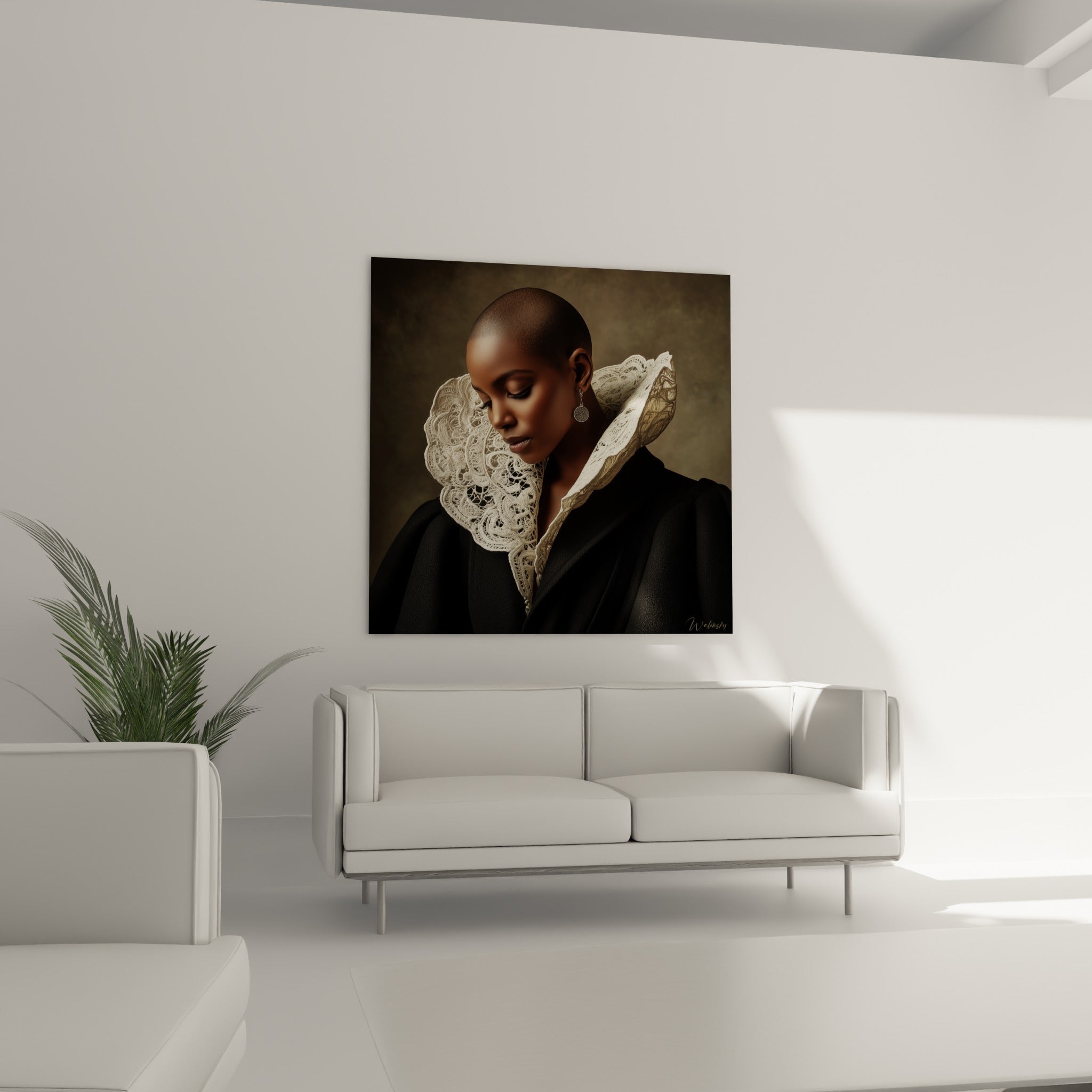 Visage recueilli entouré de dentelle beige et noir, au-dessus d'un canapé dans un salon lumineux