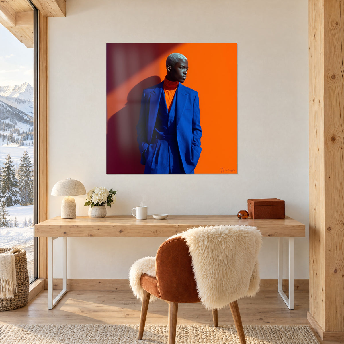Wall art high fashion, loose royal blue jacket over orange turtleneck, plum shadow, on the wall of a light wood office