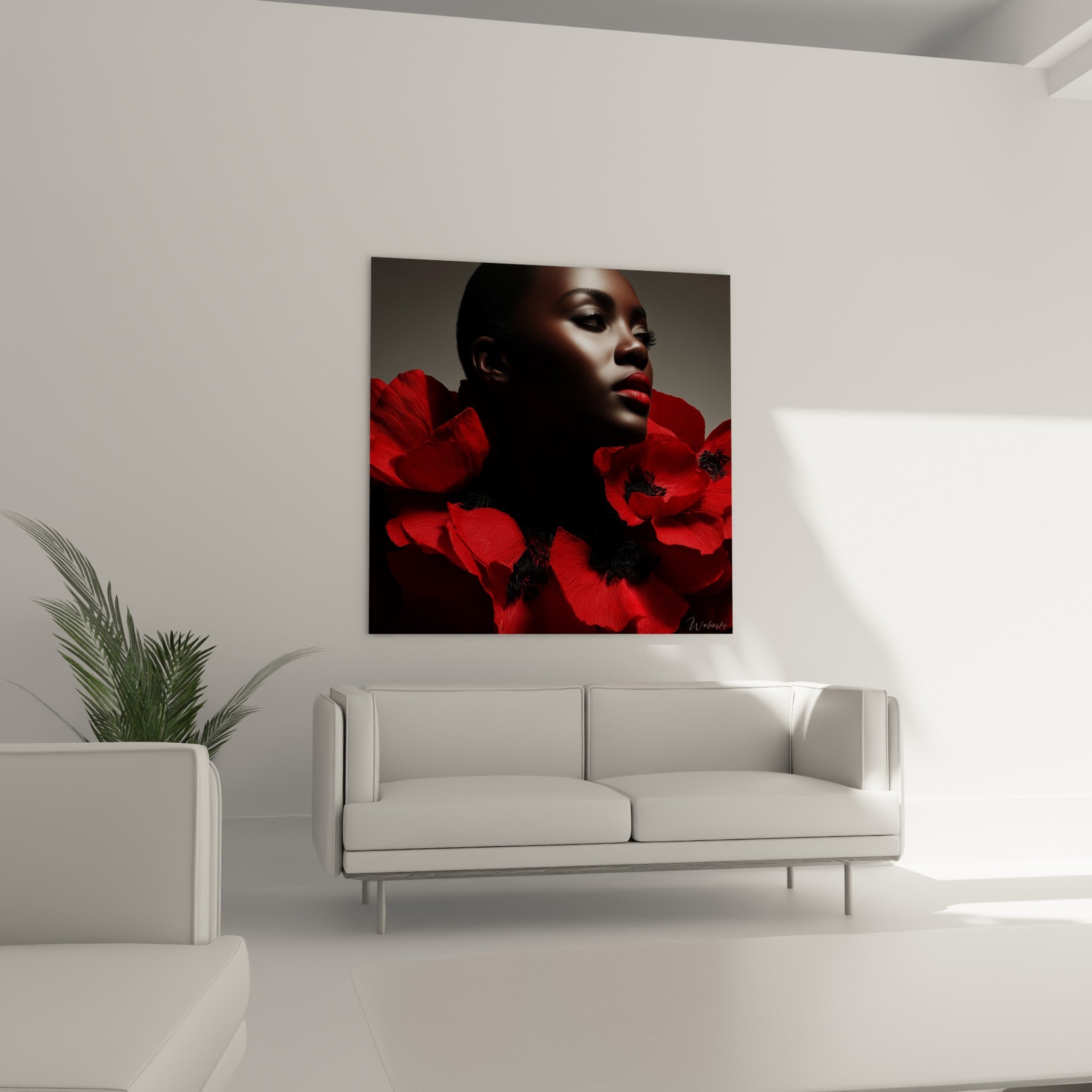 Femme au regard clos parée de pétales rouges et noirs installée au-dessus d'un canapé dans un salon lumineux