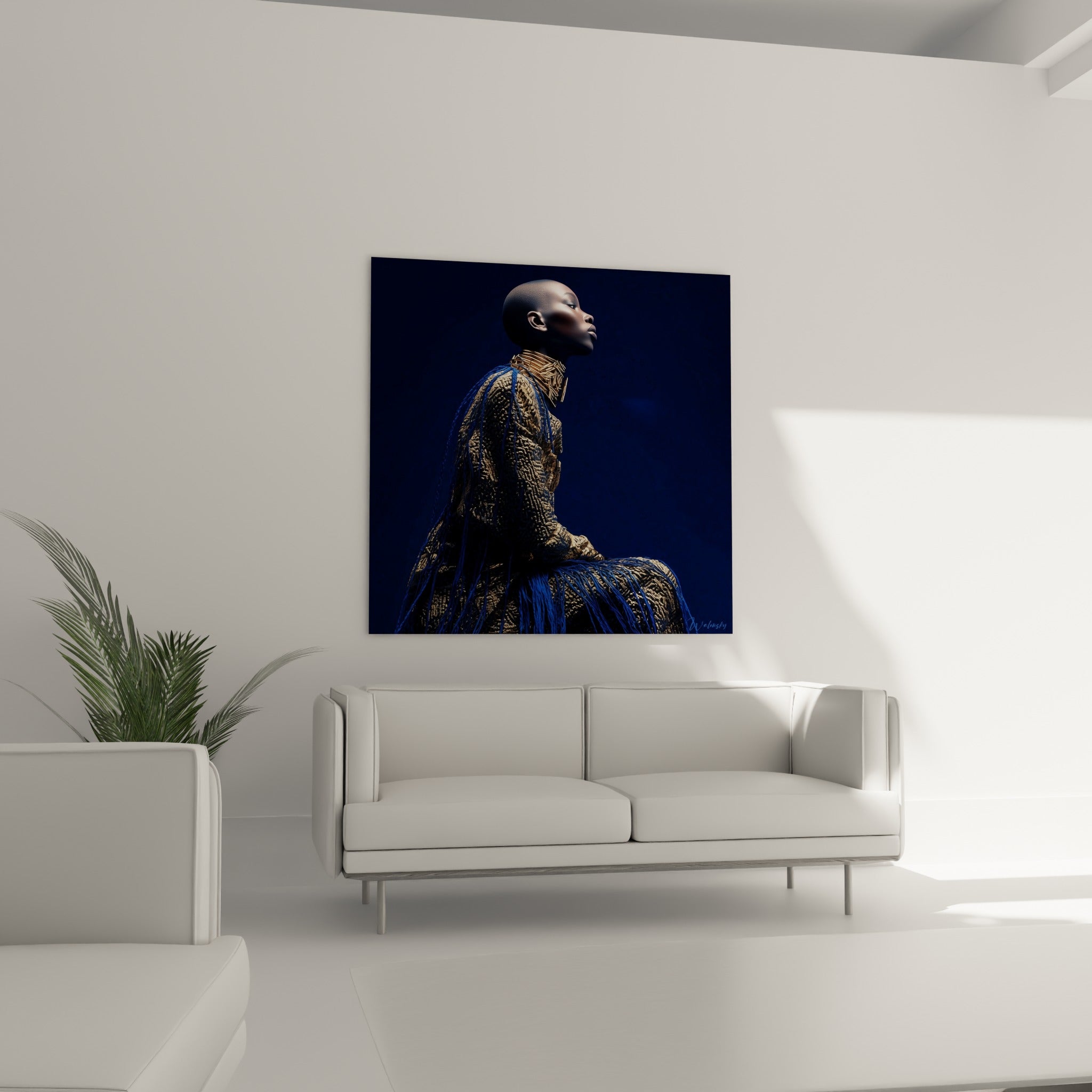 Portrait de profil paré d'un collier doré et d'une robe texturée bleu nuit, au-dessus d'un canapé dans un salon lumineux