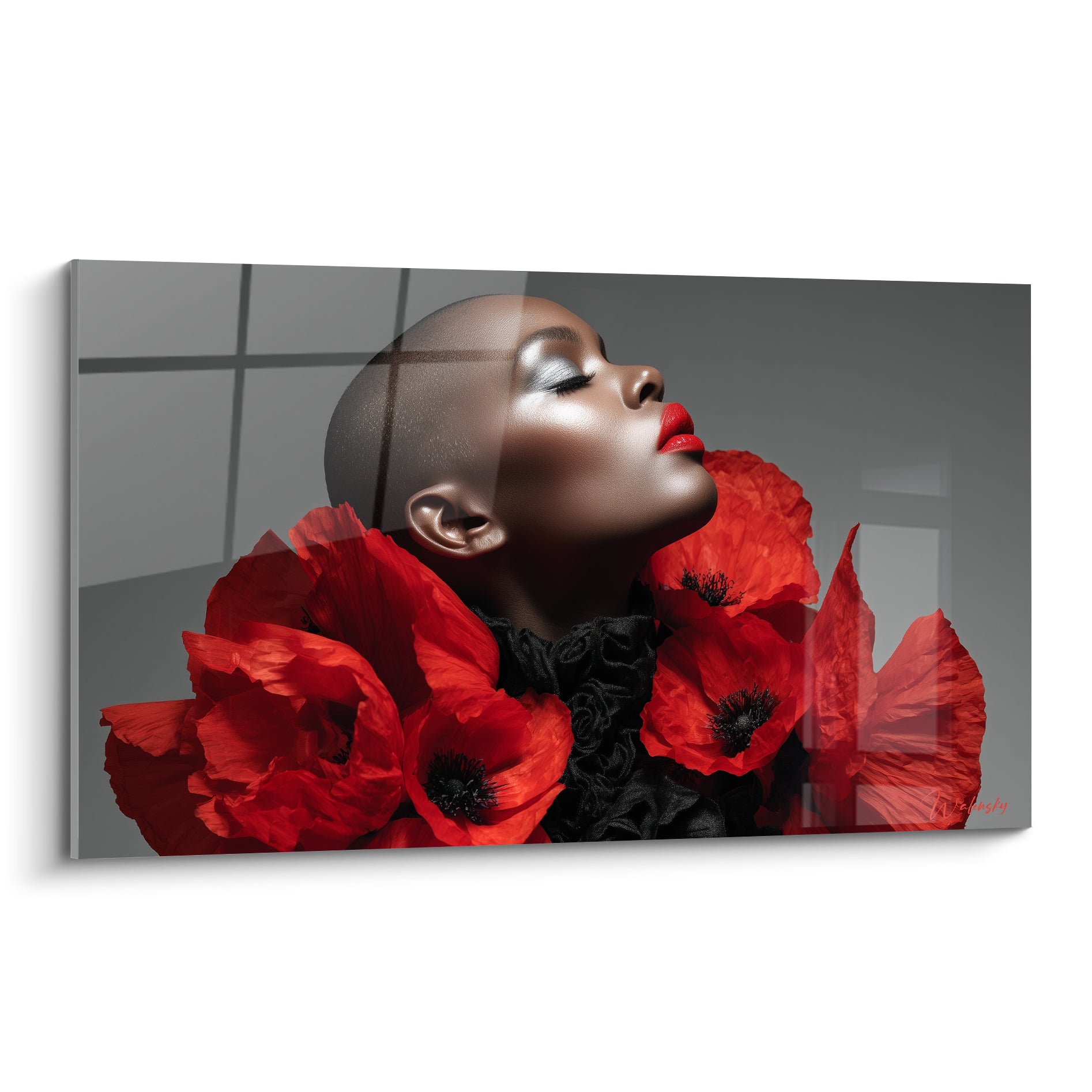 Visage bronze renversé, coquelicots rouge vif et col noir sur fond gris quadrillé, tableau haute couture