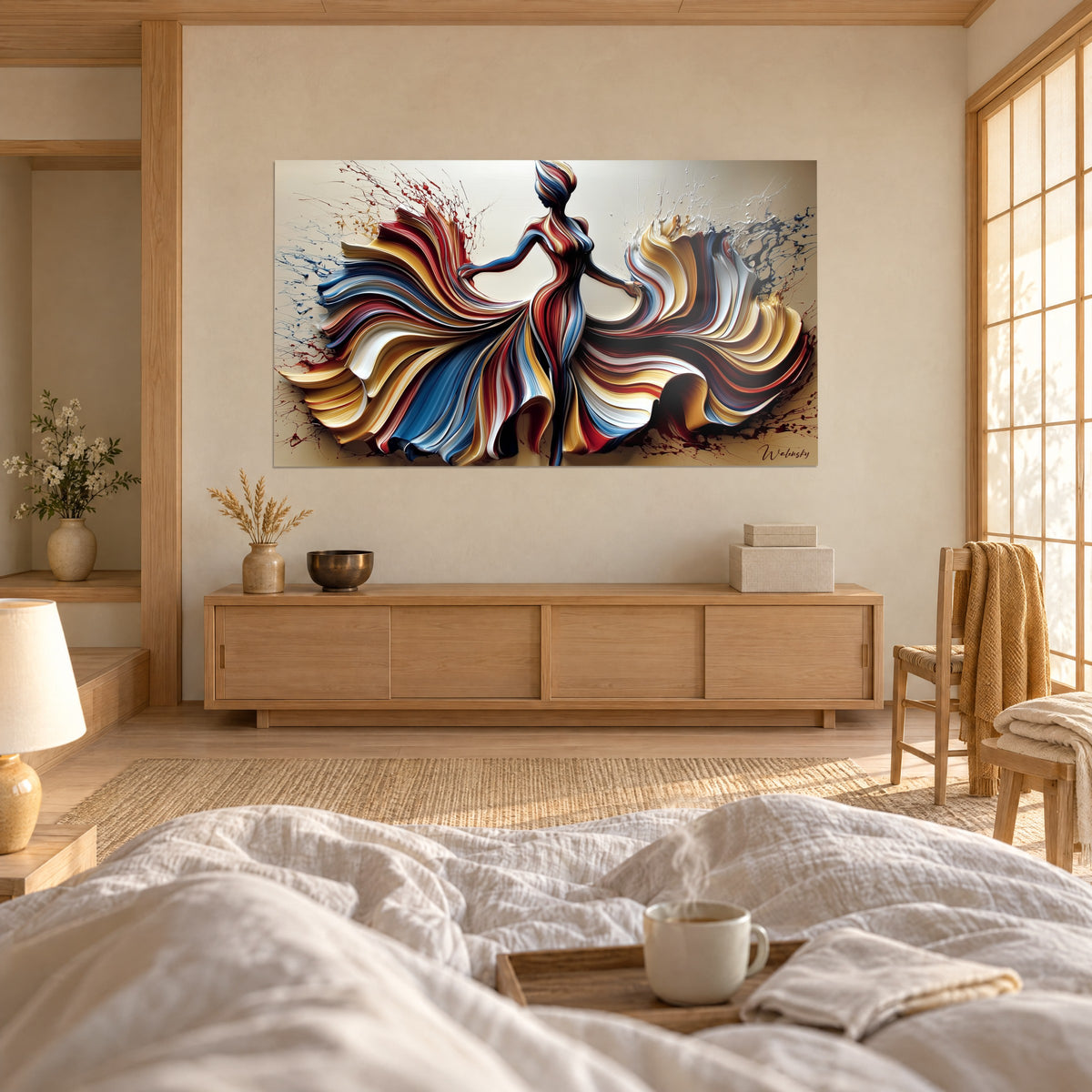 Cuadro mujer elegante con faldas de olas de pintura burdeos y doradas, salpicaduras azul noche, encima de una cama en un dormitorio luminoso