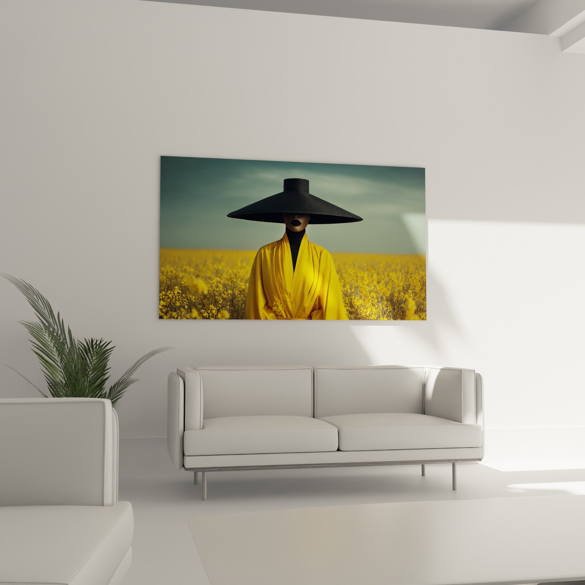 Personnage vêtu de jaune vif sous un vaste chapeau noir au-dessus d'un canapé dans un salon lumineux