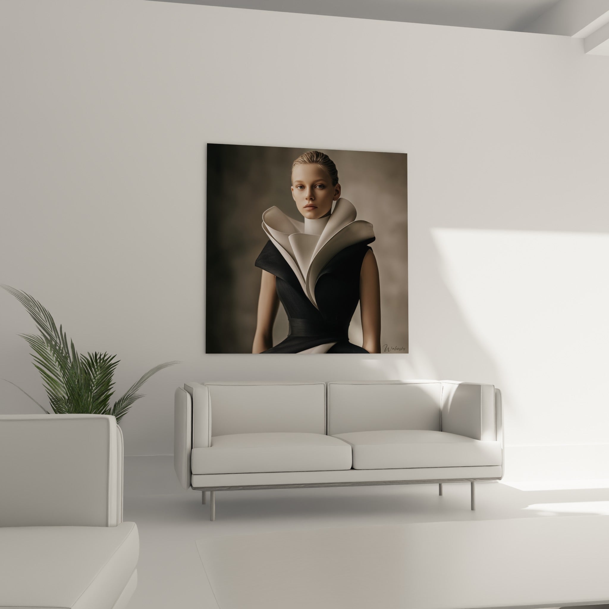 Portrait sophistiqué en noir et beige, regard clair intense, au-dessus d'un canapé dans un salon lumineux