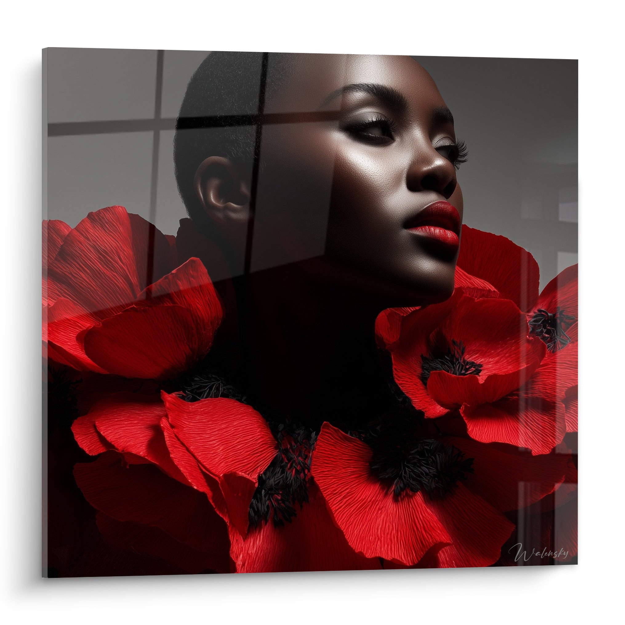 Visage anthracite entouré de coquelicots rouges vifs, portrait au style Haute couture sur fond gris strié
