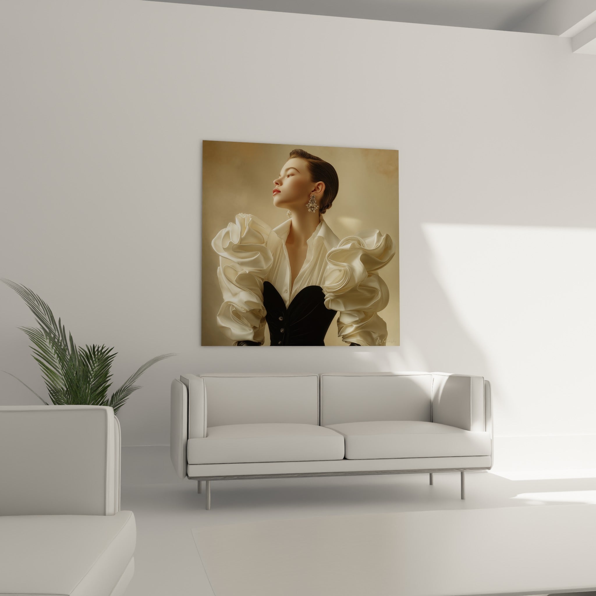 Portrait sophistiqué aux tons beige et ivoire, boucles dorées scintillantes, au-dessus d'un canapé dans un salon lumineux