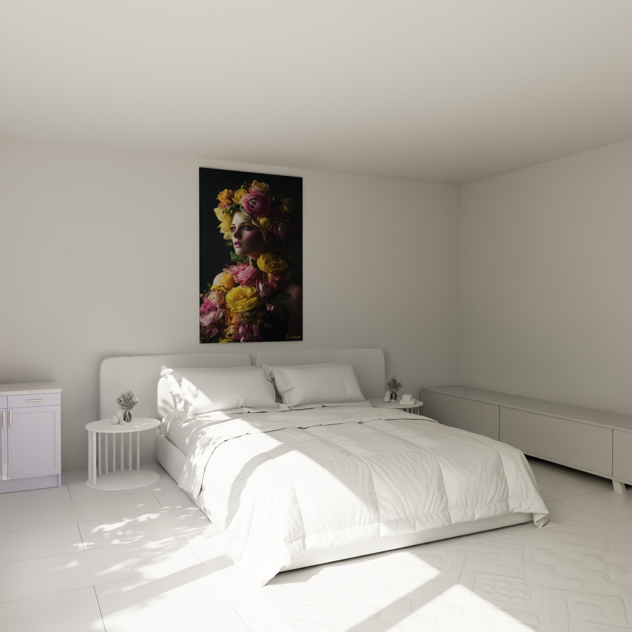 Visage serein entouré de fleurs jaunes et roses, tableau haute couture au-dessus d'un lit dans une chambre claire.