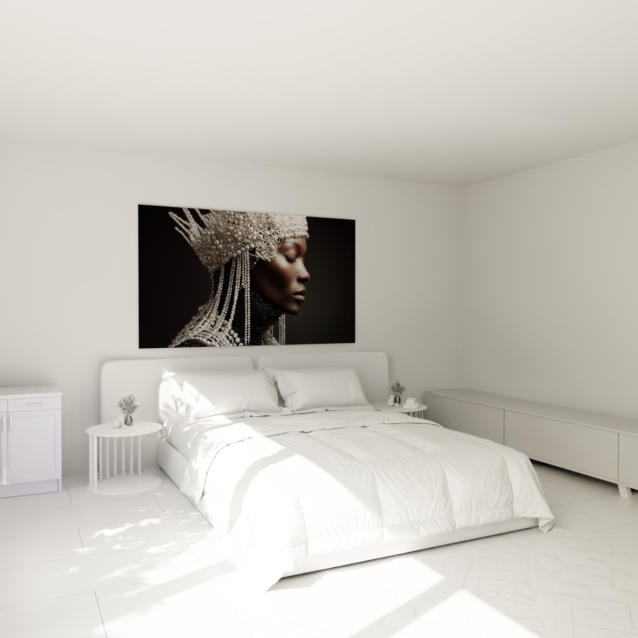 Coiffe de perles nacrées et col noir texturé, au-dessus d'un lit dans une chambre claire