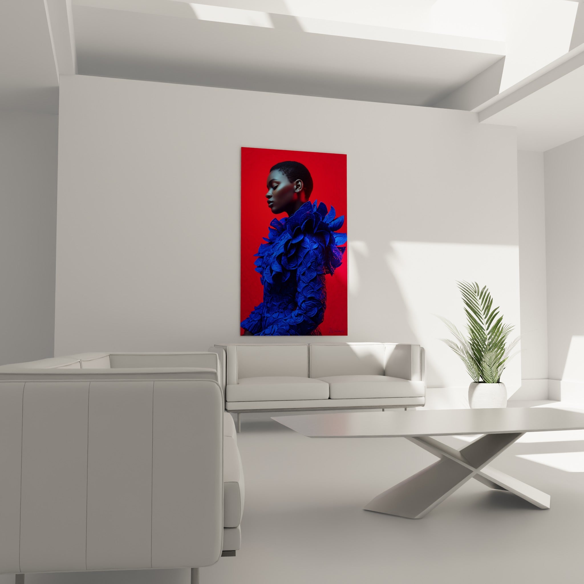 Portrait haute couture bleu roi et rouge accroché au-dessus d'un canapé dans un salon lumineux