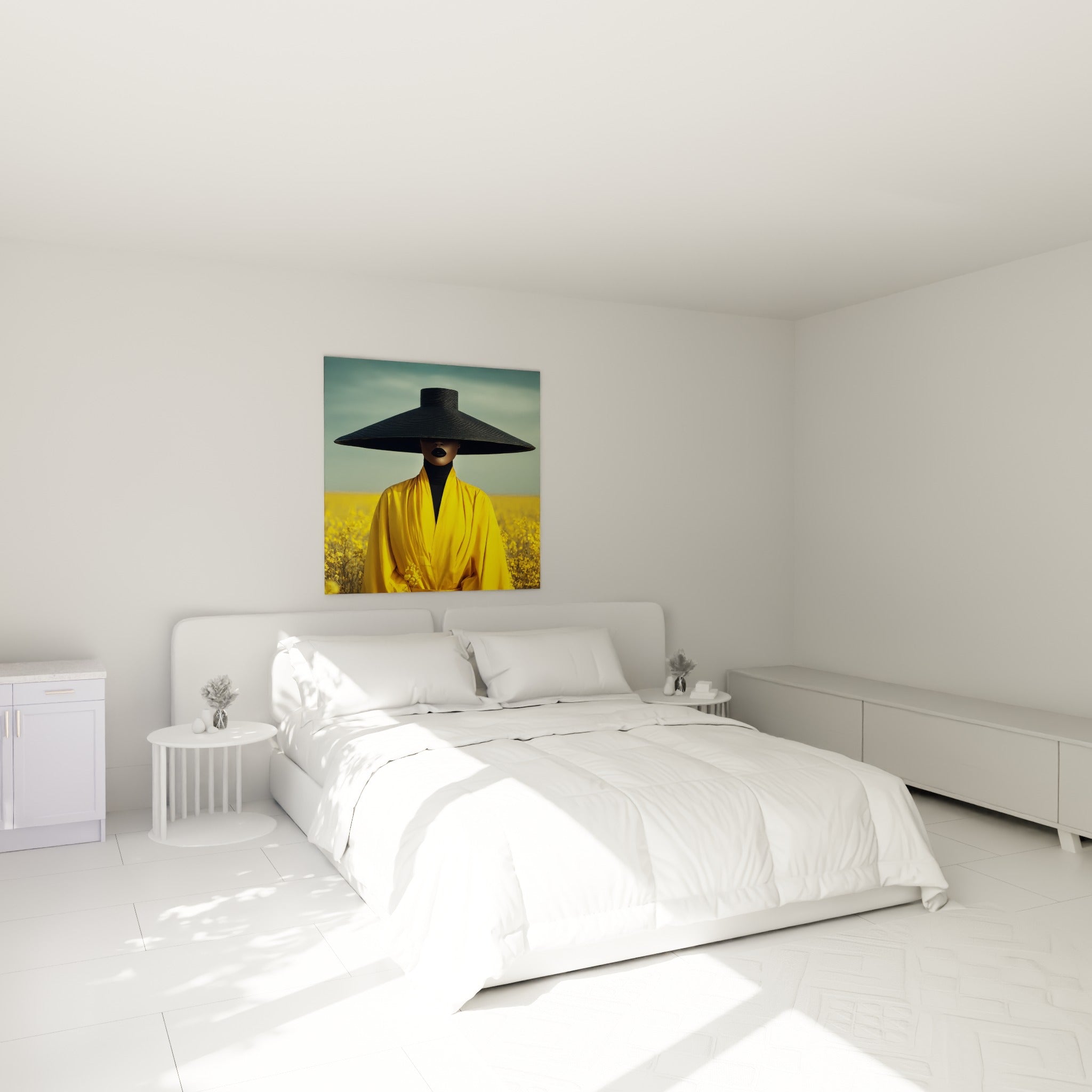 Manteau jaune et chapeau noir sculptural accrochés au-dessus d'un lit dans une chambre claire