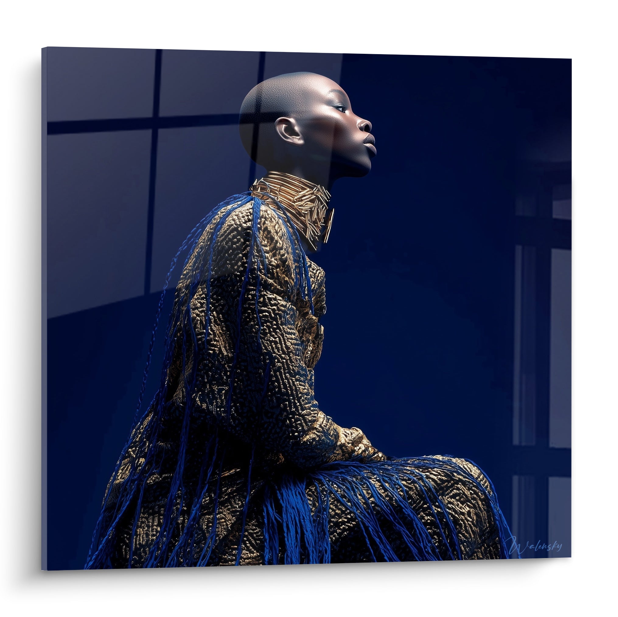 Silhouette de profil en robe dorée texturée et franges bleu marine, lumière nocturne dramatique