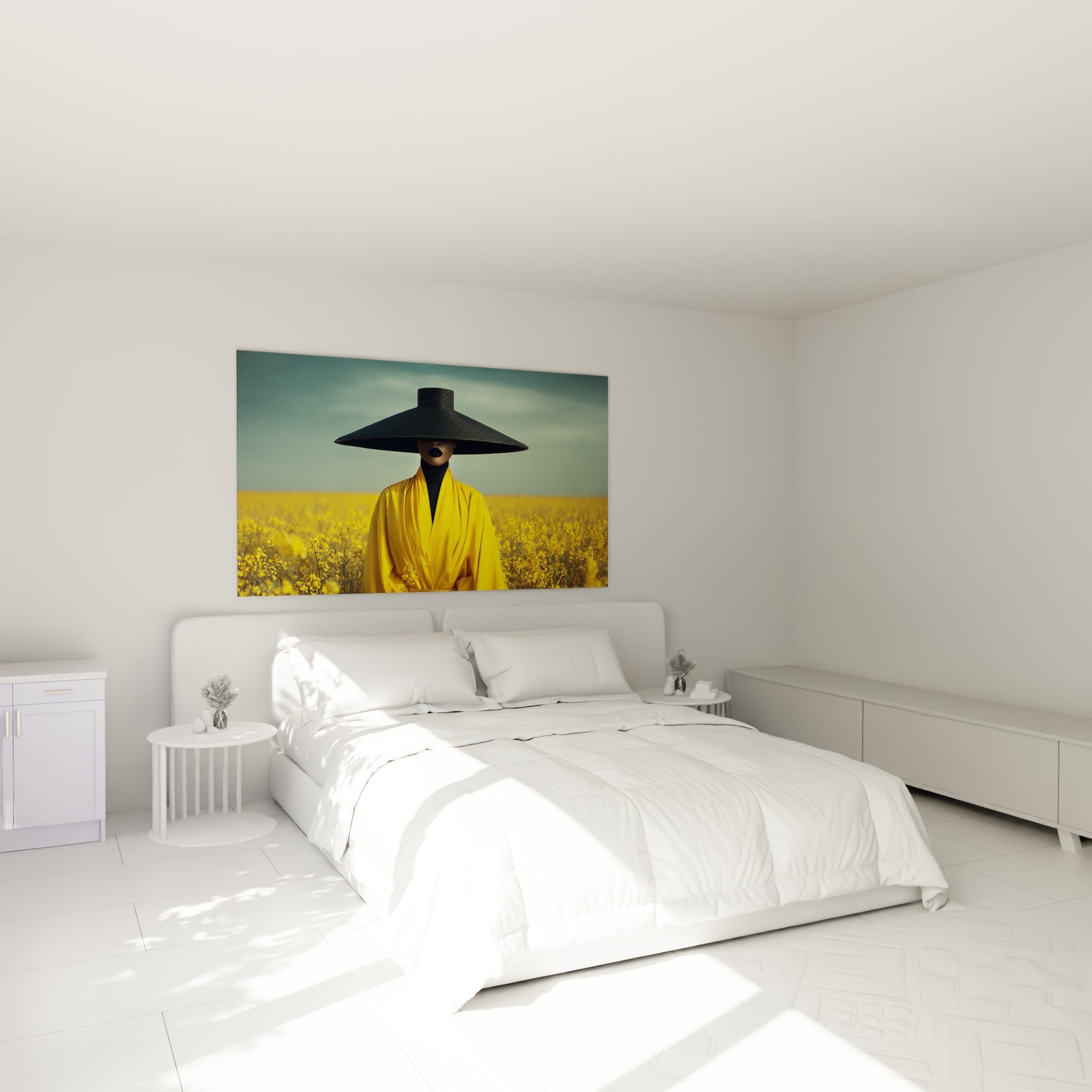 Figure élégante en manteau jaune et chapeau anthracite au-dessus d'un lit dans une chambre claire