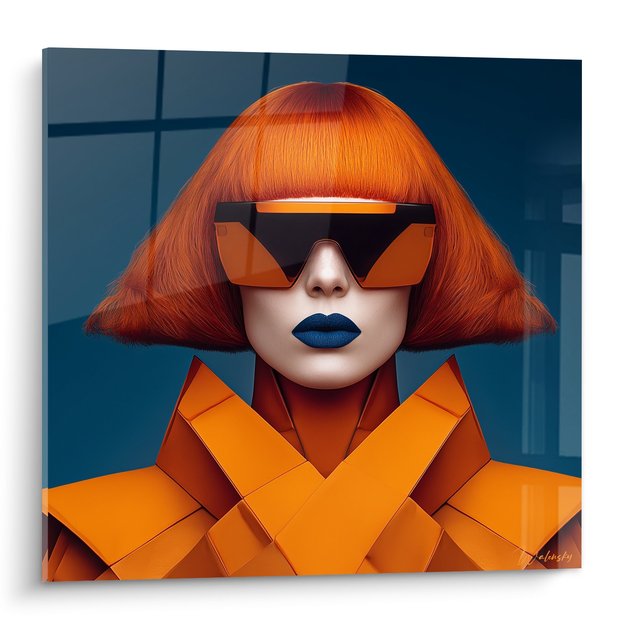 Silhouette orange aux cheveux carrés et lèvres bleu marine sur fond anthracite futuriste