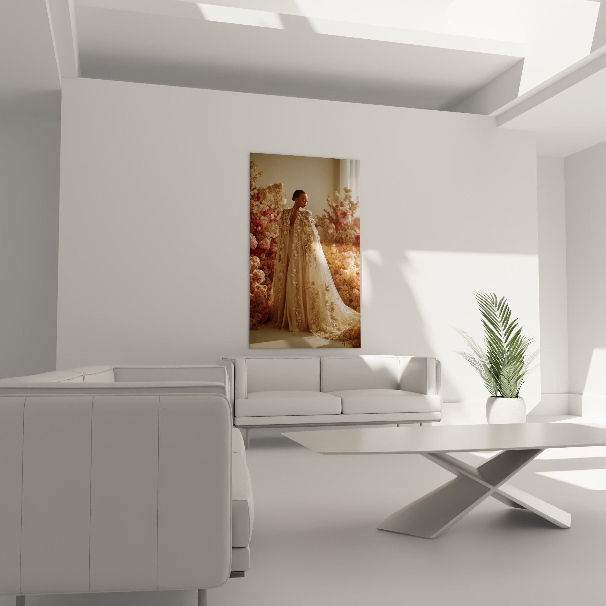 Robe brodée dorée parmi les roses, tableau haute couture au-dessus d'un canapé dans un salon lumineux