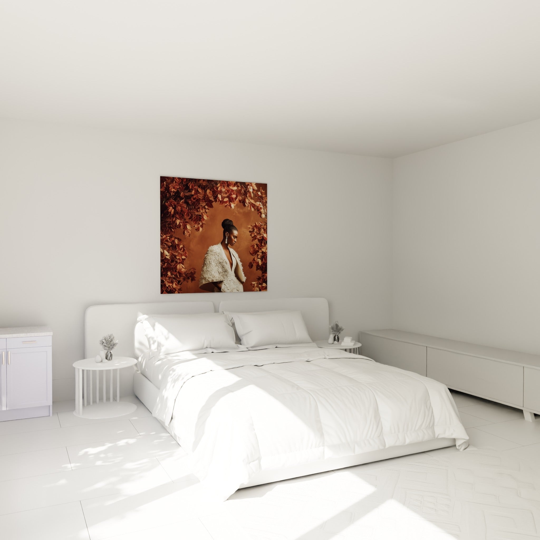 Portrait ivoire et cuivré d'une femme élégante, accroché au-dessus d'un lit dans une chambre claire
