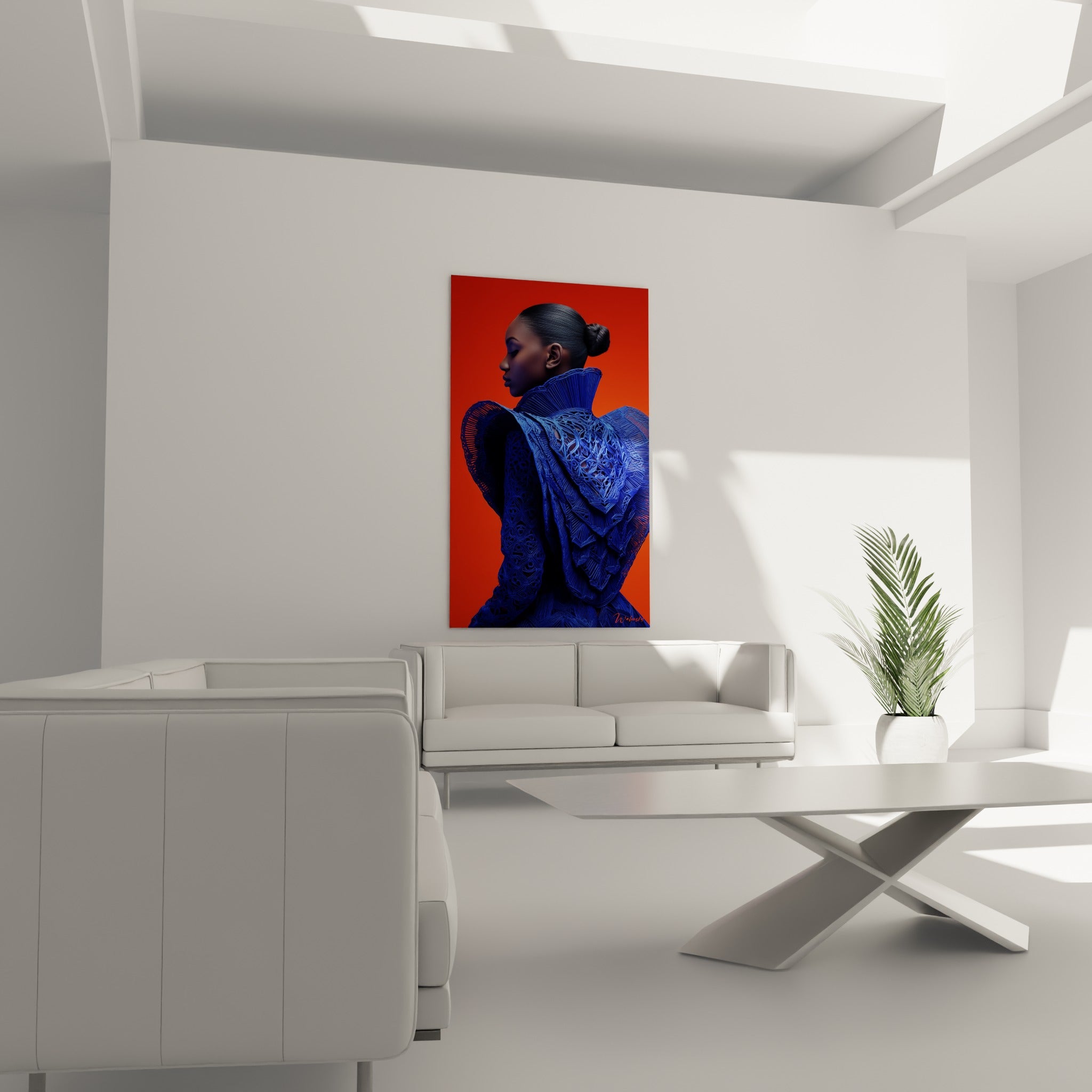 Vêtement tressé bleu profond sur fond orangé accroché au-dessus d'un canapé dans un salon lumineux
