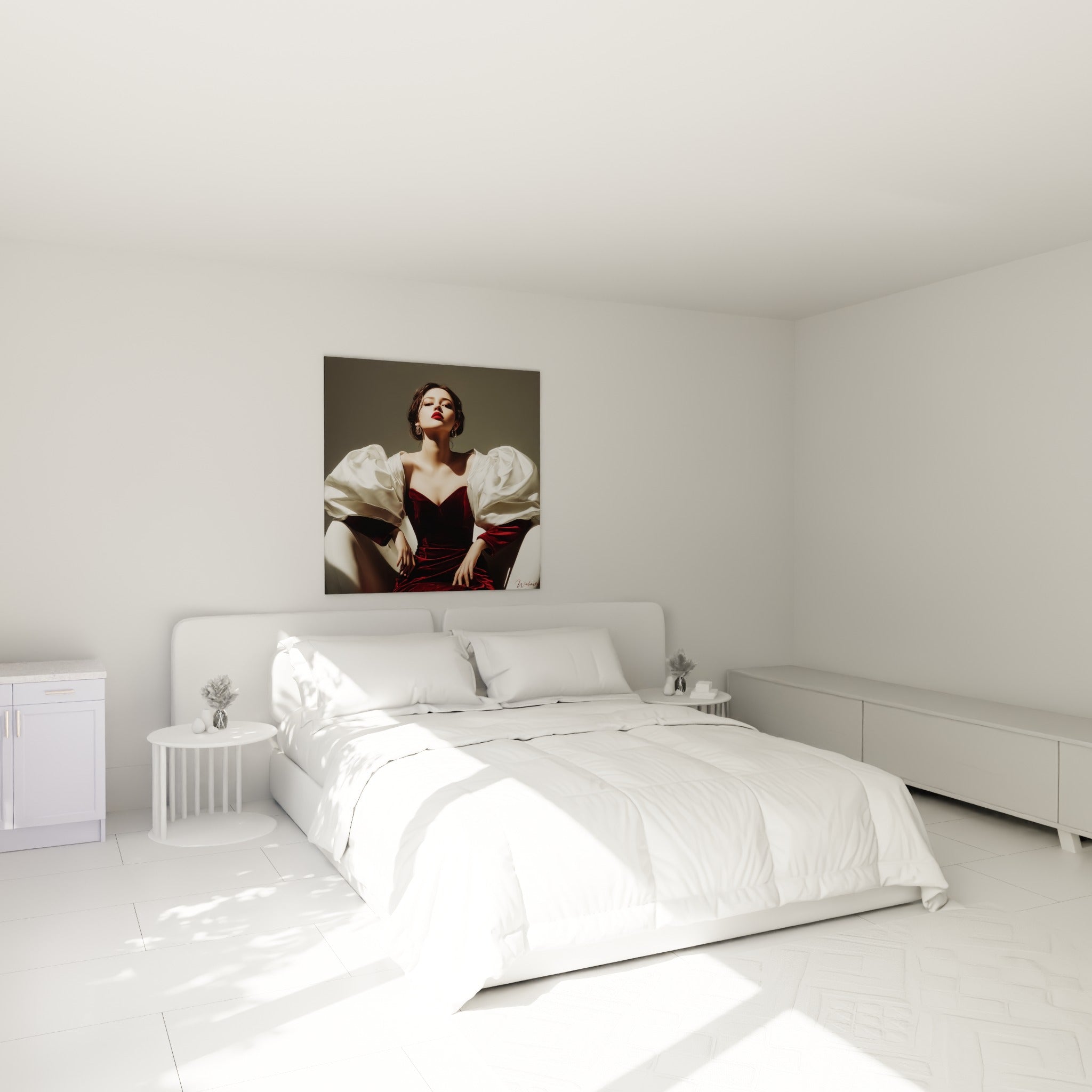 Portrait bordeaux et blanc aux manches bouffantes, posé au-dessus d'un lit dans une chambre claire